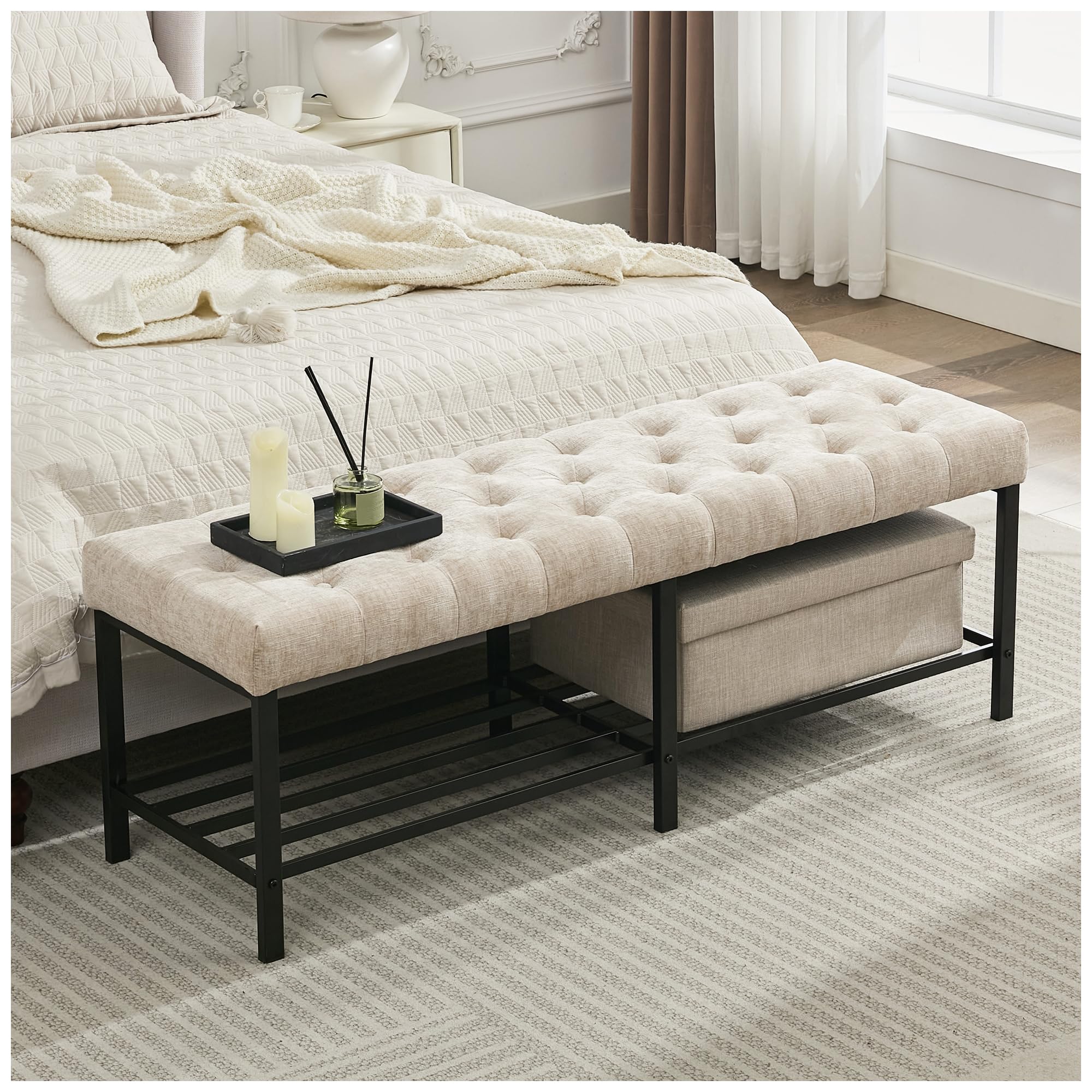 SOFTHION 55.5" End of Bed Bench, Modern Chenille Button Tufted Bedroom Bench, Upholstered Storage Shoe Bench with Metal Base, Dinning Table Bench for