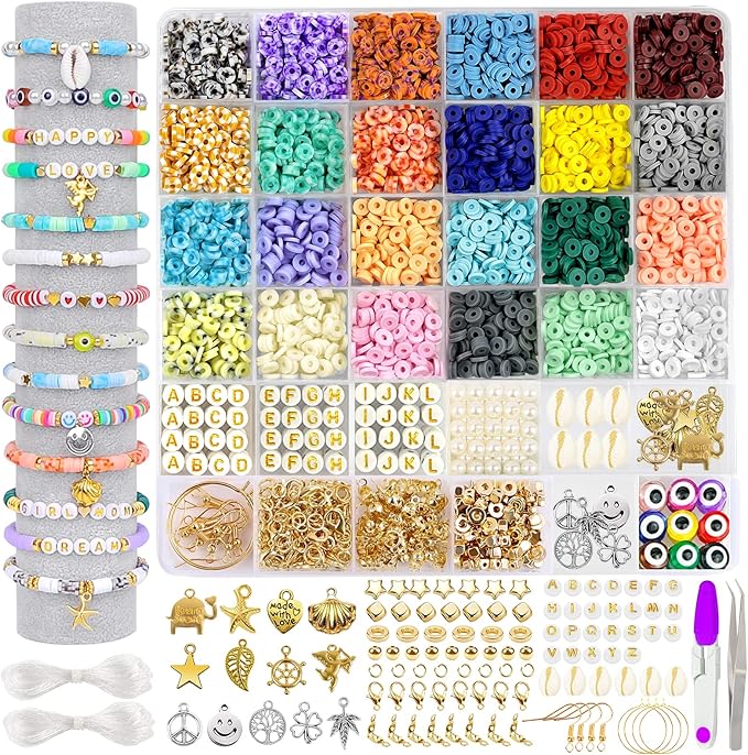 4400pcs Clay Beads for Bracelet Making Kit, 24 Colors Flat