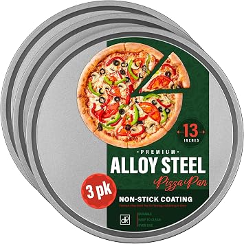 DecorRack 13 Inch Alloy Steel Pizza Pan, Non-Stick Coating, Dishwasher Safe Serving Tray, Round Baking Tray for Oven Use 3 Pack