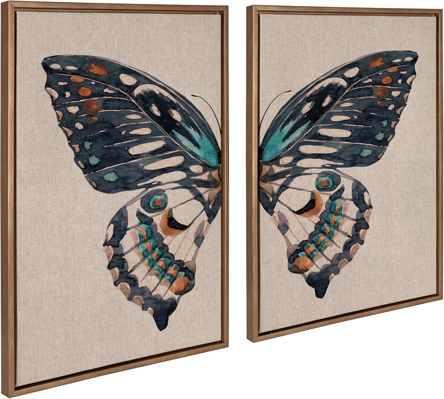 Kate and Laurel Sylvie Boho Butterfly Watercolor Diptych Neutral Linen Framed Canvas Wall Art Set by The Creative Bunch Studio, 2 Piece Set 23x33 Gold