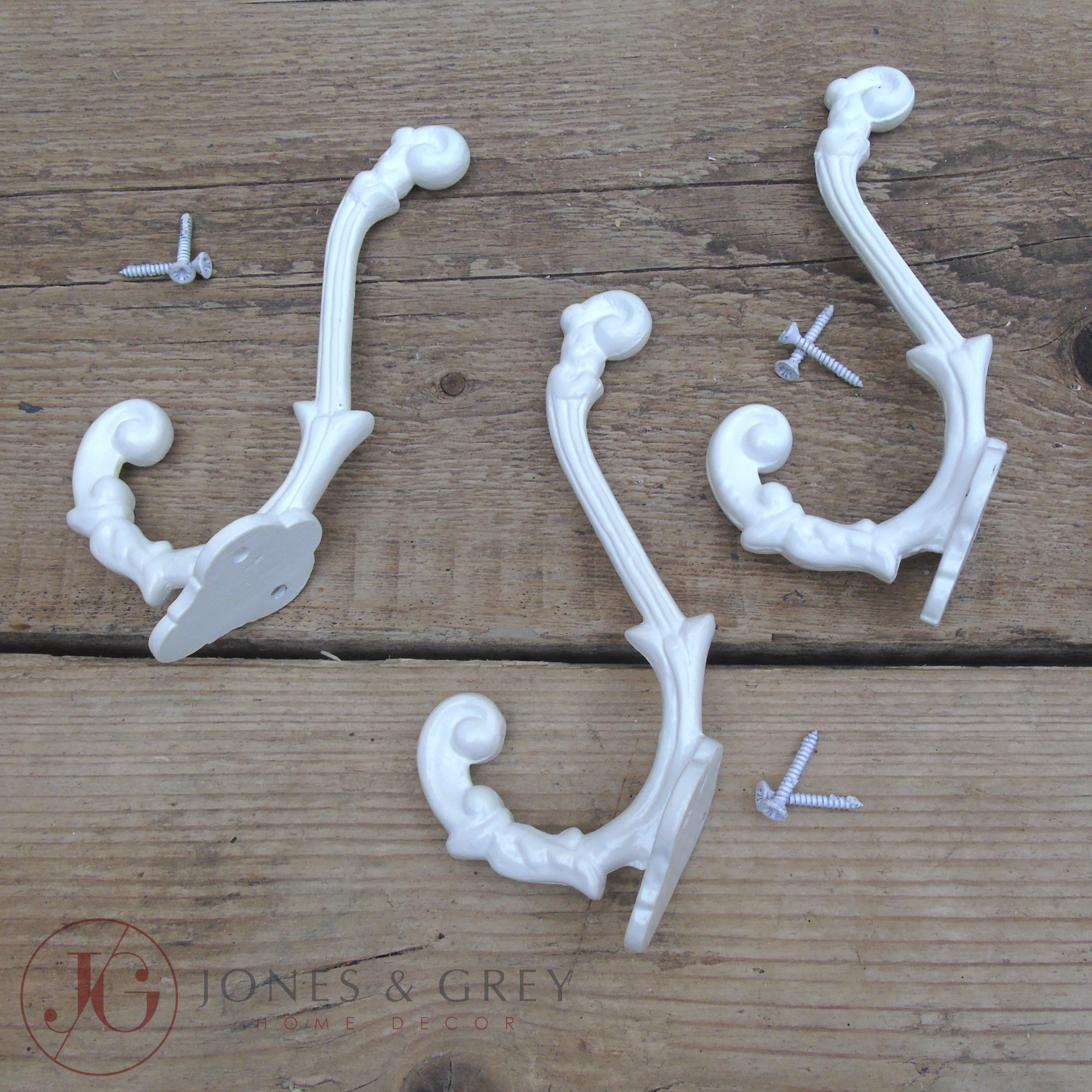 Jones & Grey Distressed White A Set Of 3 - Ornate Cast Iron Double Wall Hooks