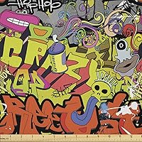 Vista 355 de Ambesonne Tela de Fiesta Popstar por Yarda, Estilo de Dibujos Animados Garabatos Dibujados a Mano Tema Musical Impresión de Arte Lineal, Tela