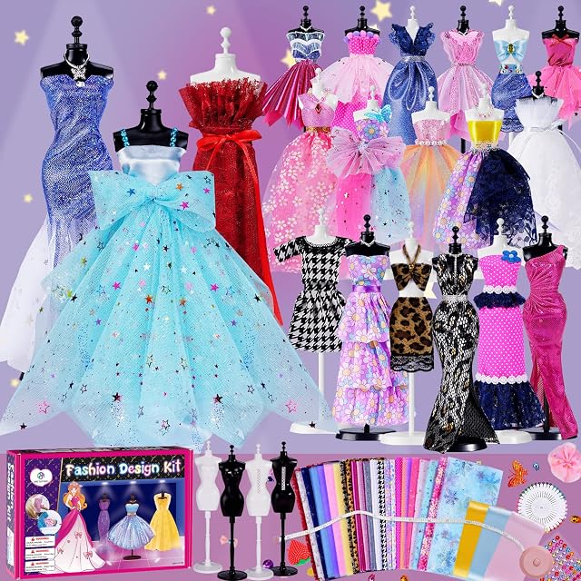500+Pcs - Fashion Design Kit for Girls with 4 Mannequins- Creativity DIY Arts & Crafts Kit Learning Toys Sewing Kit for Kids- Teen Girls Kids Birthday Gift Age 6 7 8 9 10 11 12+