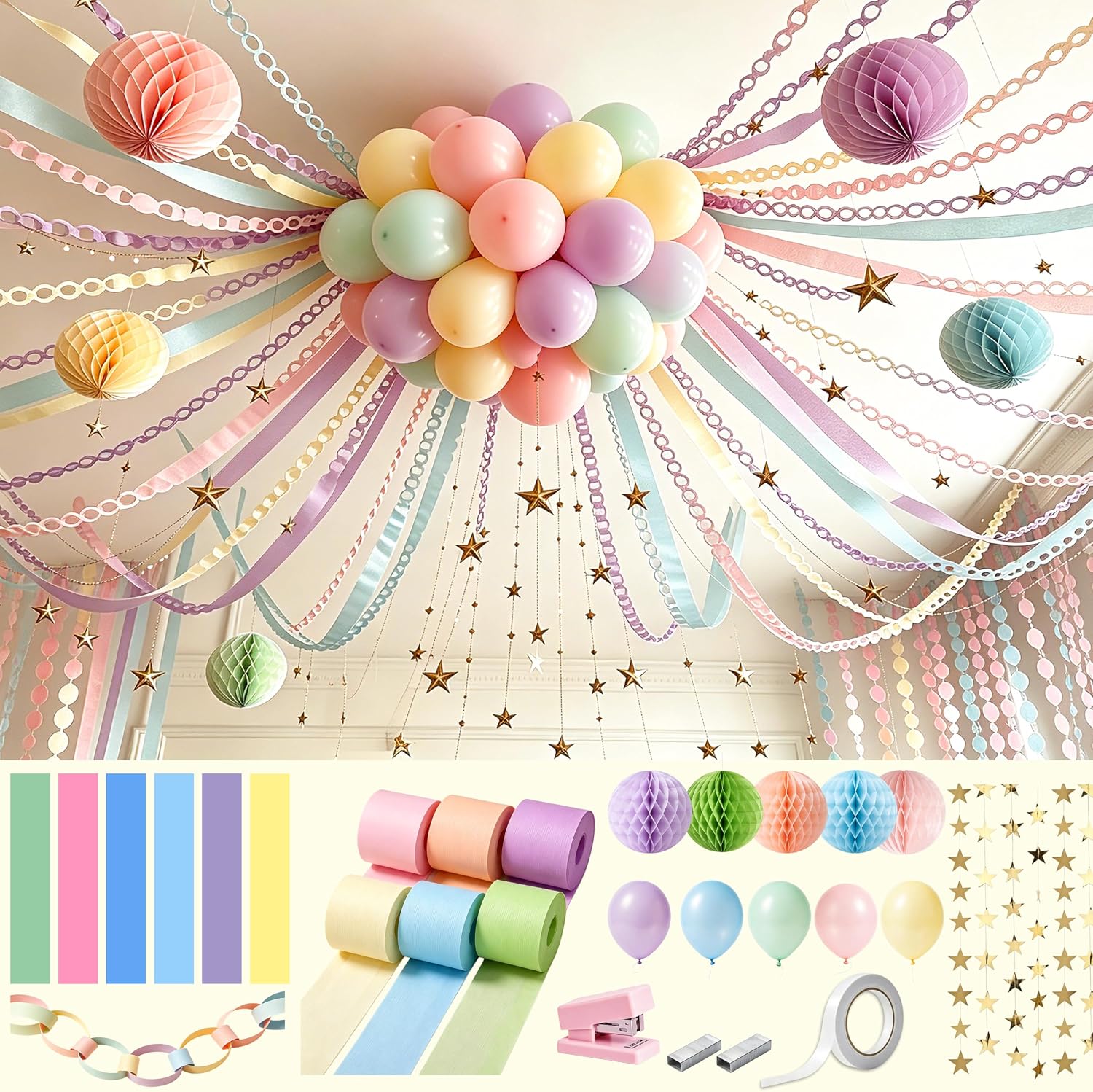 Pastel Paper Chain Garland Strips with 492ft Crepe Paper Streamers | Gold Star Garland and 30Pcs Pastel Balloons 6Pcs Honeycomb Balls for DIY Birthday Wedding Holiday Party Decorations