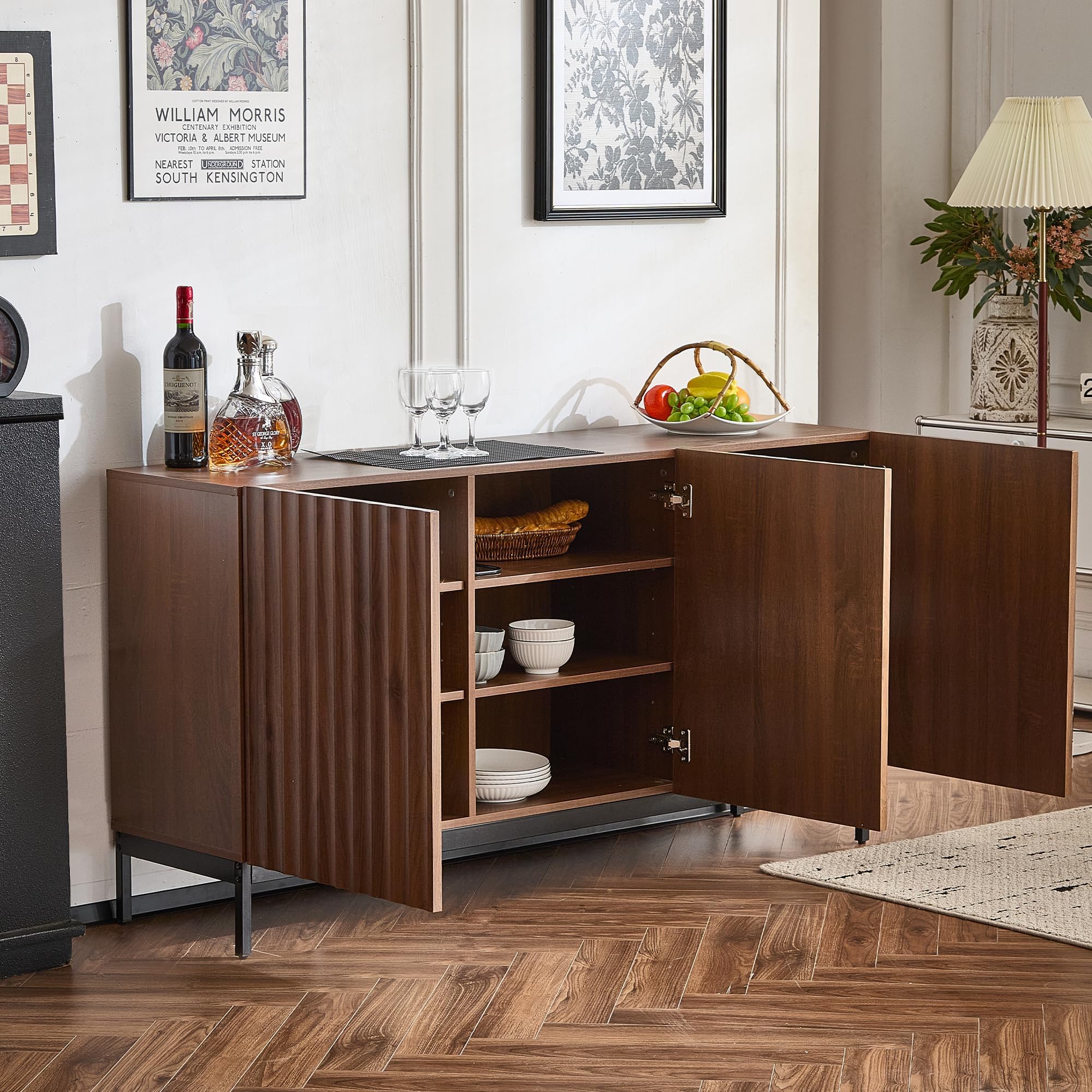 Mid-Century Modern Sideboard Cabinet, 150x40x80cm Dark Oak Storage Unit with 3 Doors, Adjustable Shelves & Anti-Tip Protection for Living Room, Dining Room & Office