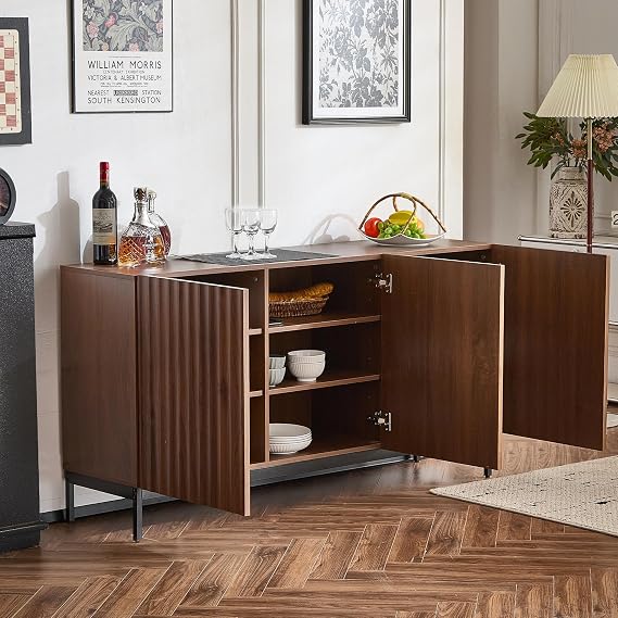 BTM 150x40x80cm Dark Wood Sideboard Rustic Buffet Cabinet with 3 Doors, Adjustable Shelves Storage for Living Room, Dining Cabinet