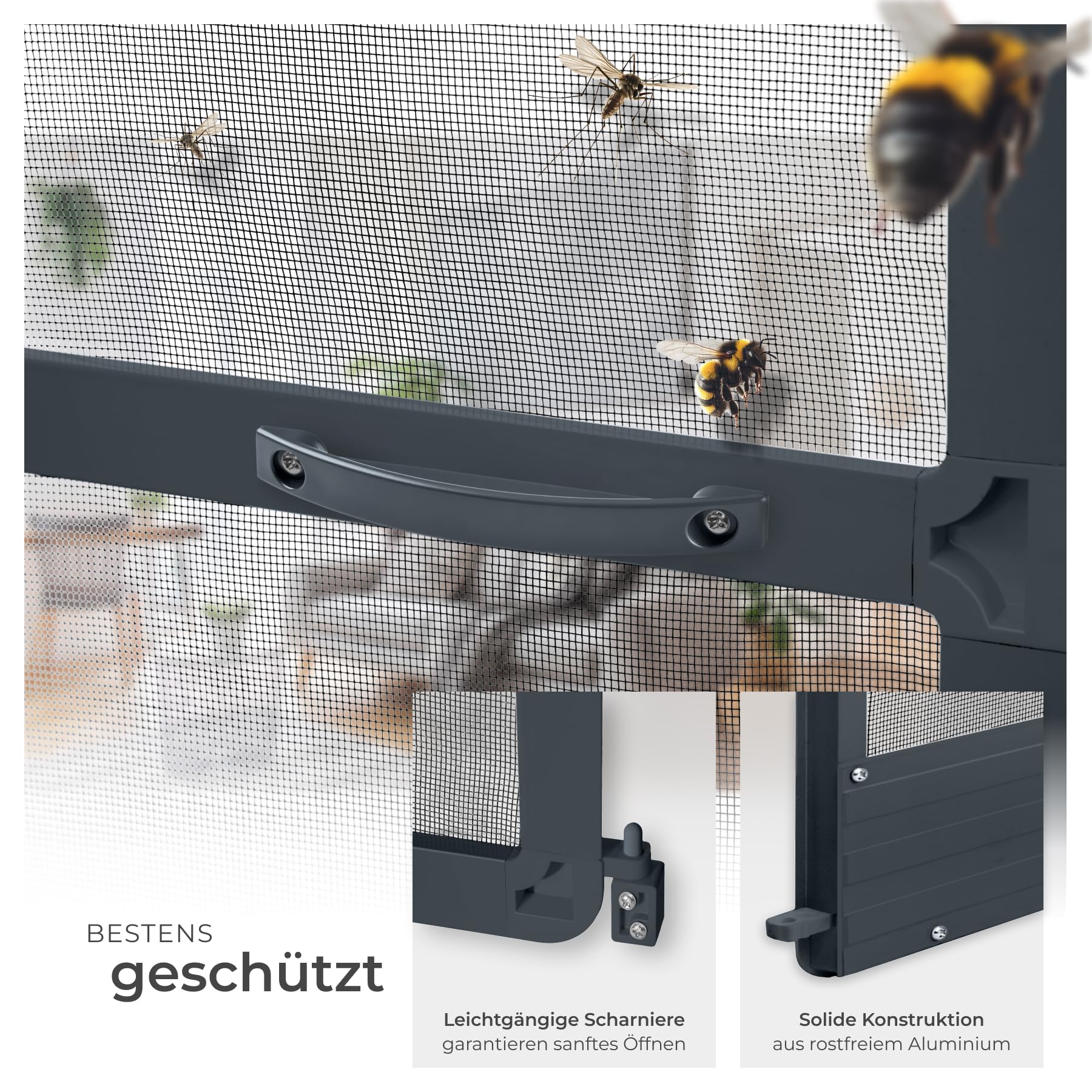 tectake® Fliegengitter für Türen, 95 x 210 cm, Aluminiumrahmen, wetter- und UV-beständig, individuell kürzbares Insektennetz, Schutzgitter, Insektenschutzgitter, Mückenschutz - anthrazit
