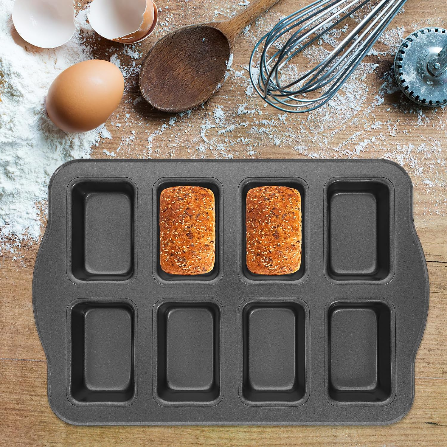 Carbon Steel Cake Pan and Mini Loaf Bread Pan 8-cavity Non-stick Gold Rectangular Baking Mold for Oven Baking and Home Kitchen Use
