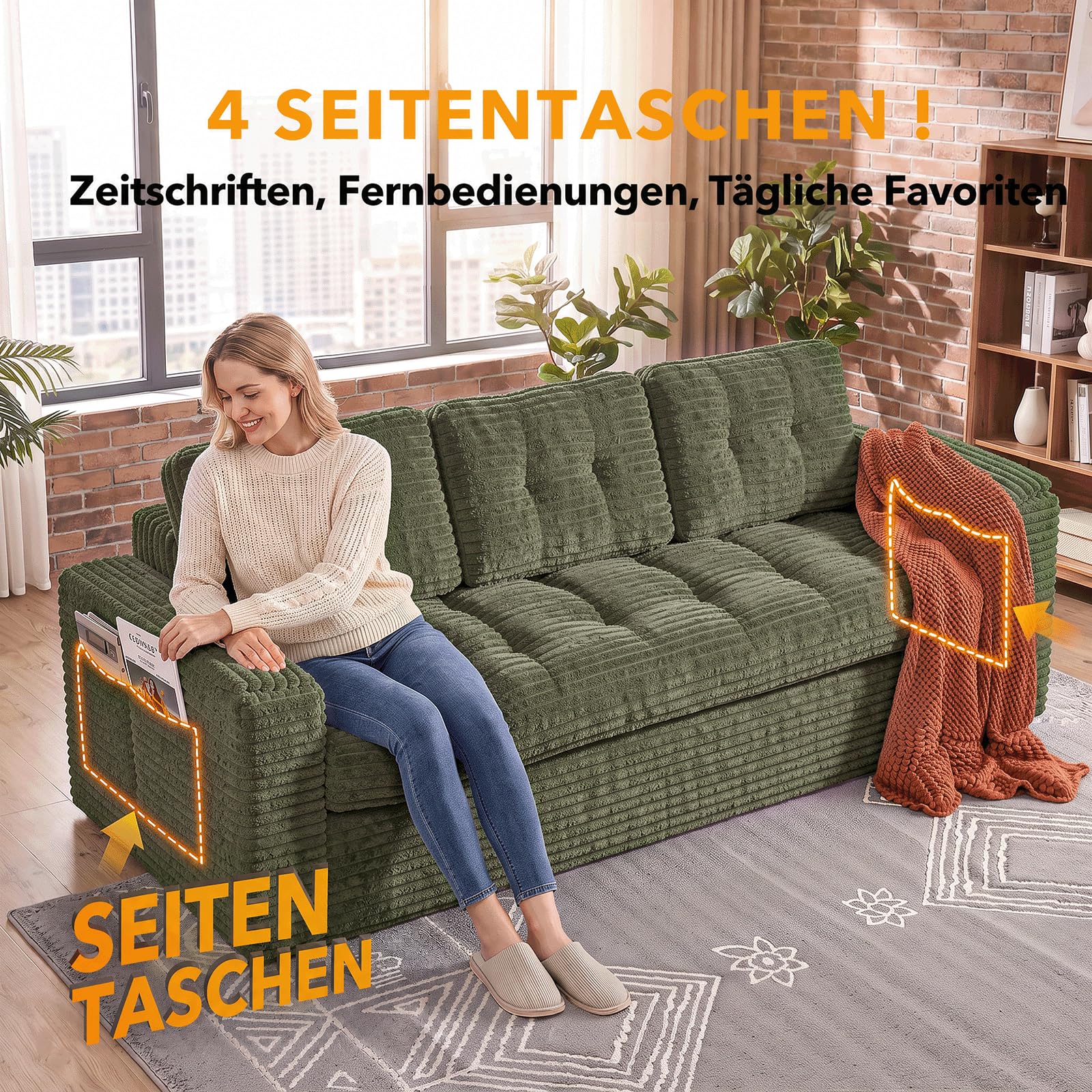 Fabulcozy 3-Sitzer Sofa 210 cm aus Cord mit Fußstütze, Seitentaschen, Armlehnenkissen und 3 Kissen inklusive, Bequeme Polsterung, für Wohnzimmer, Apartment,Grün
