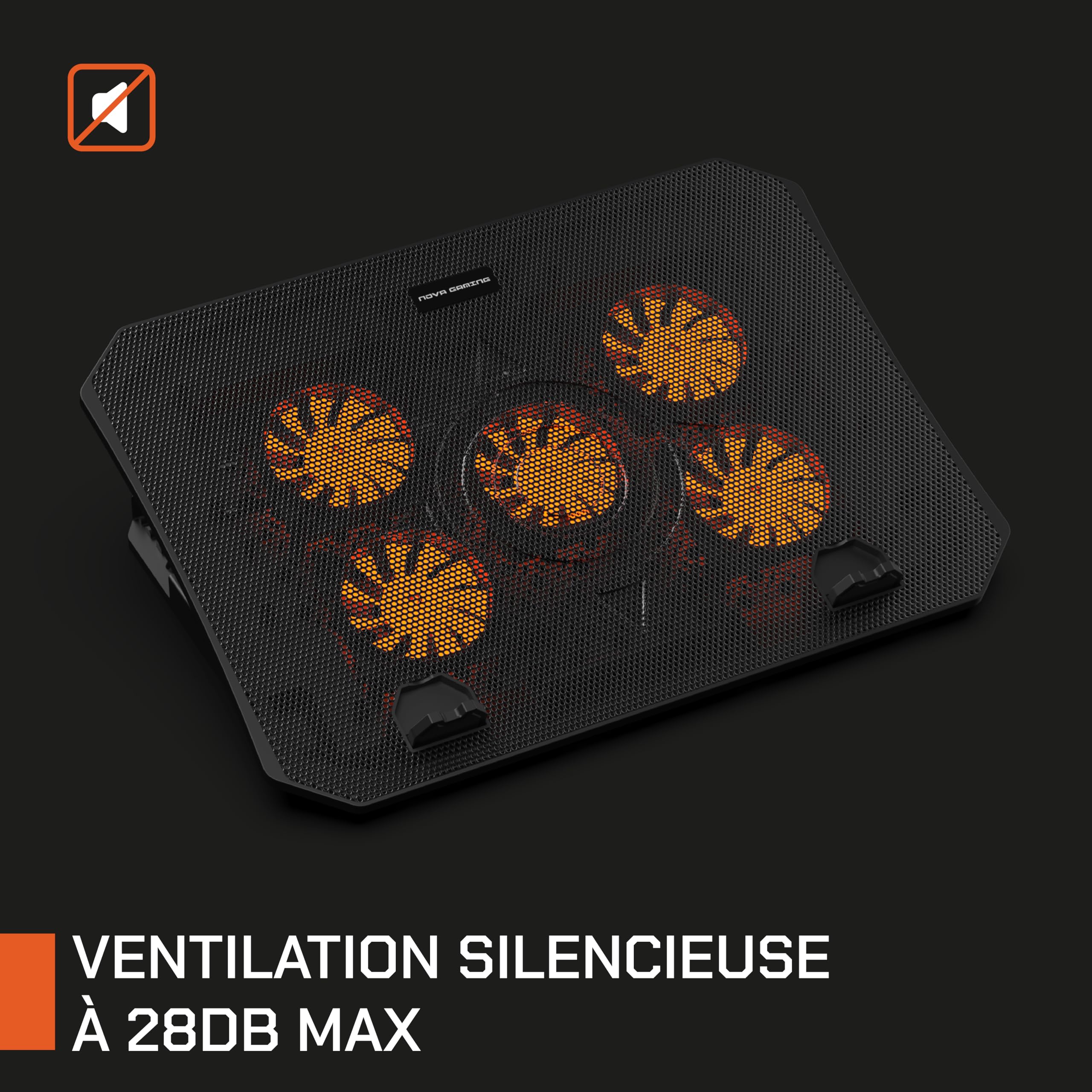 Nova Gaming - GA115 Urano - Soporte ventilado Gaming - 5 Ventiladores Silenciosos, Posición Ajustable, 2 Puertos USB, Patines Antideslizantes, LED Naranja - Compatibilidad con PC Portátil 16''