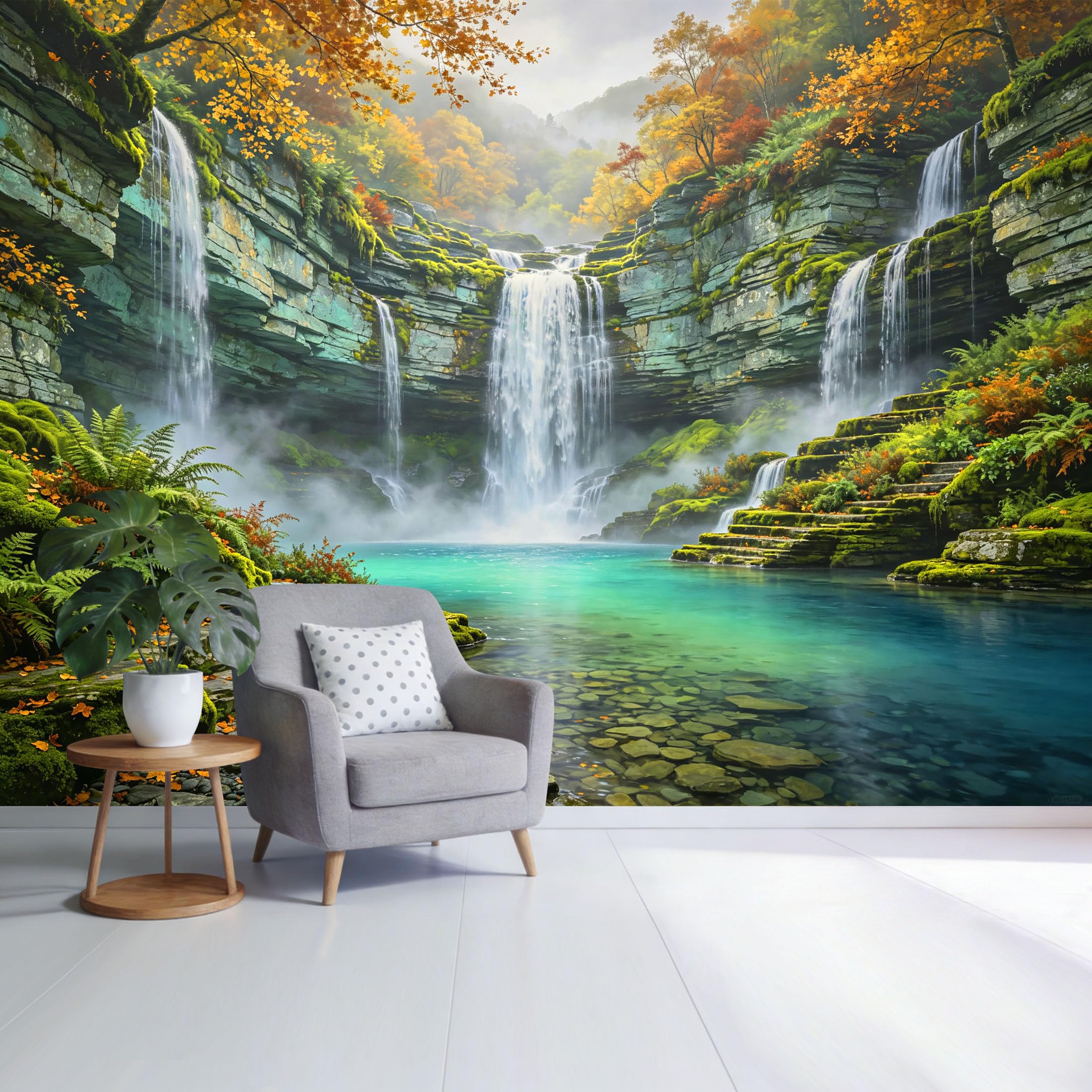 Custom Size Wall Mural Autumn Forest Waterfall Landscape 3D Trompe L'Oeil Removable Self Adhesive Fabric Home Wall Decor for Living Room Bedroom Bathroom