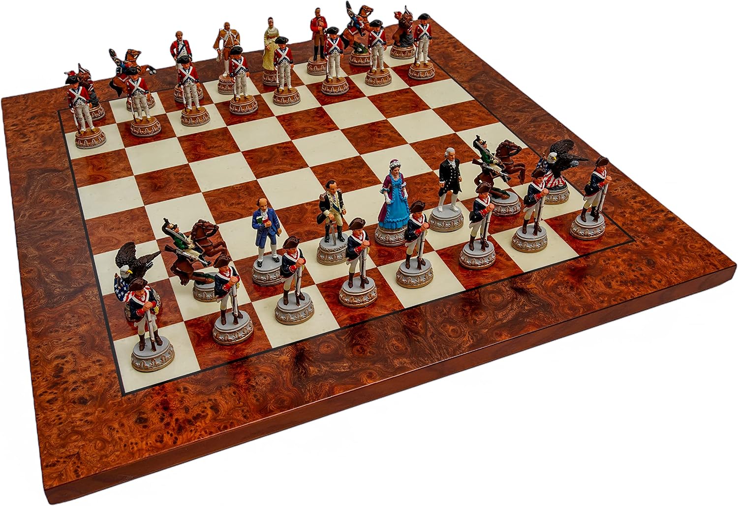 American Revolutionary War of Independence Hand Painted Luxury Pewter Chessmen & Agostino Luxury Chess Board from Italy