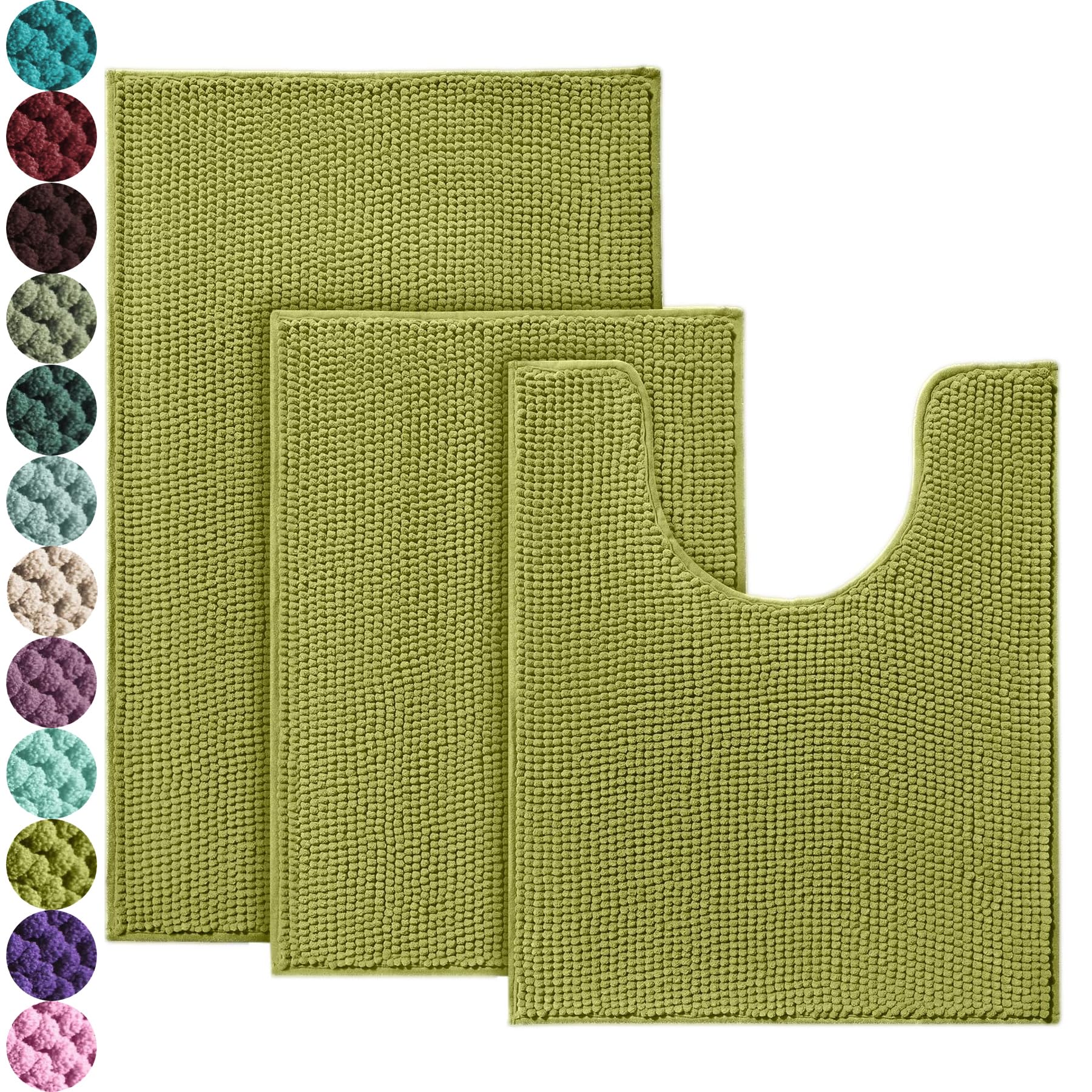 Urvoix Bathroom Rugs Sets 3 Piece, Non-Slip Chenille Bath Rug - Ultra Soft, Washable, Super Absorbent Bath Mat for Bathroom, Toilet and Tub (Pear