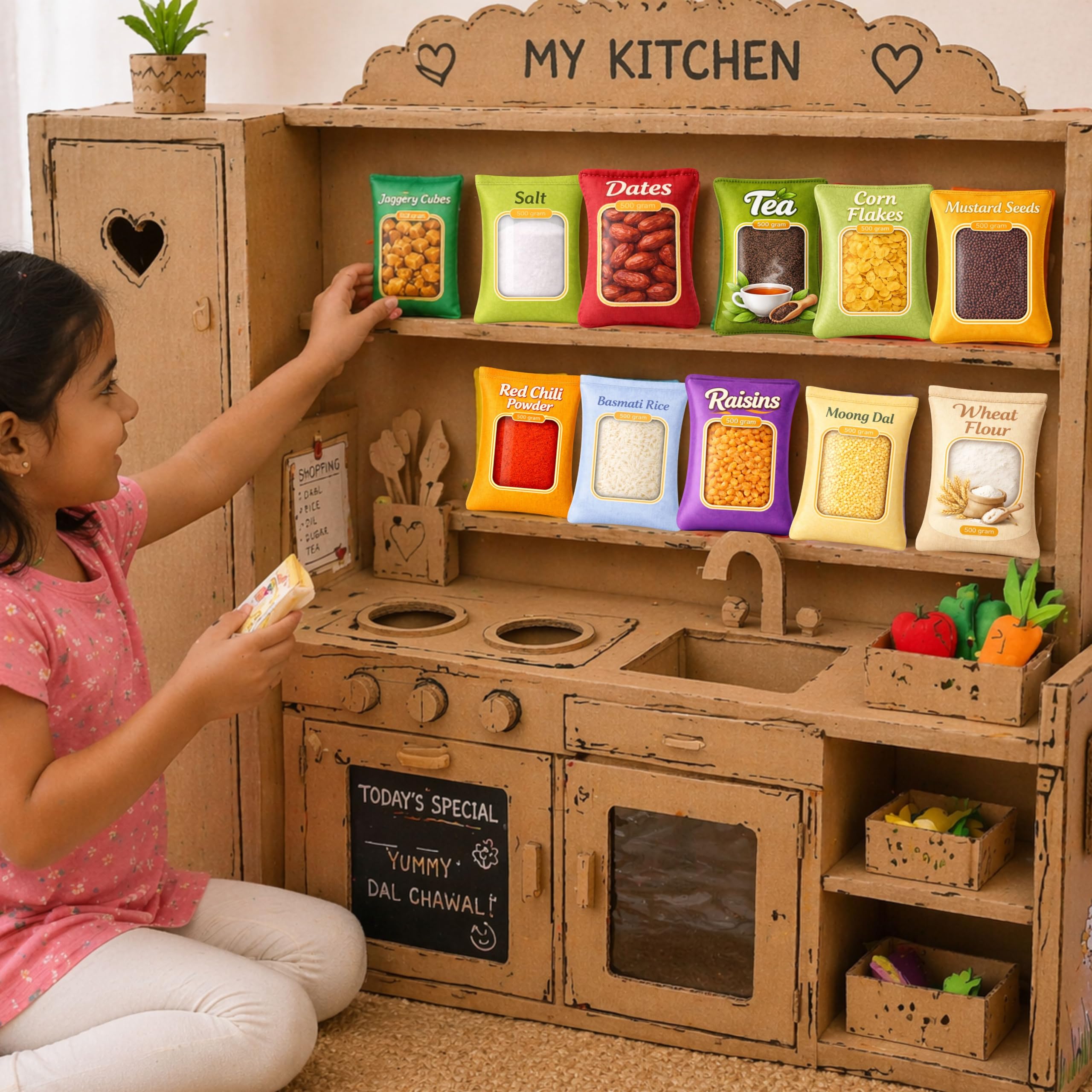 The Small Wonderland Indian Grocery Kitchen Play Set – 25-Piece Realistic Fabric Indian Play Food Collection for Kids 3+ | Traditional Kirana Store Role Play Toy | Educational Kitchen Learning Set 3