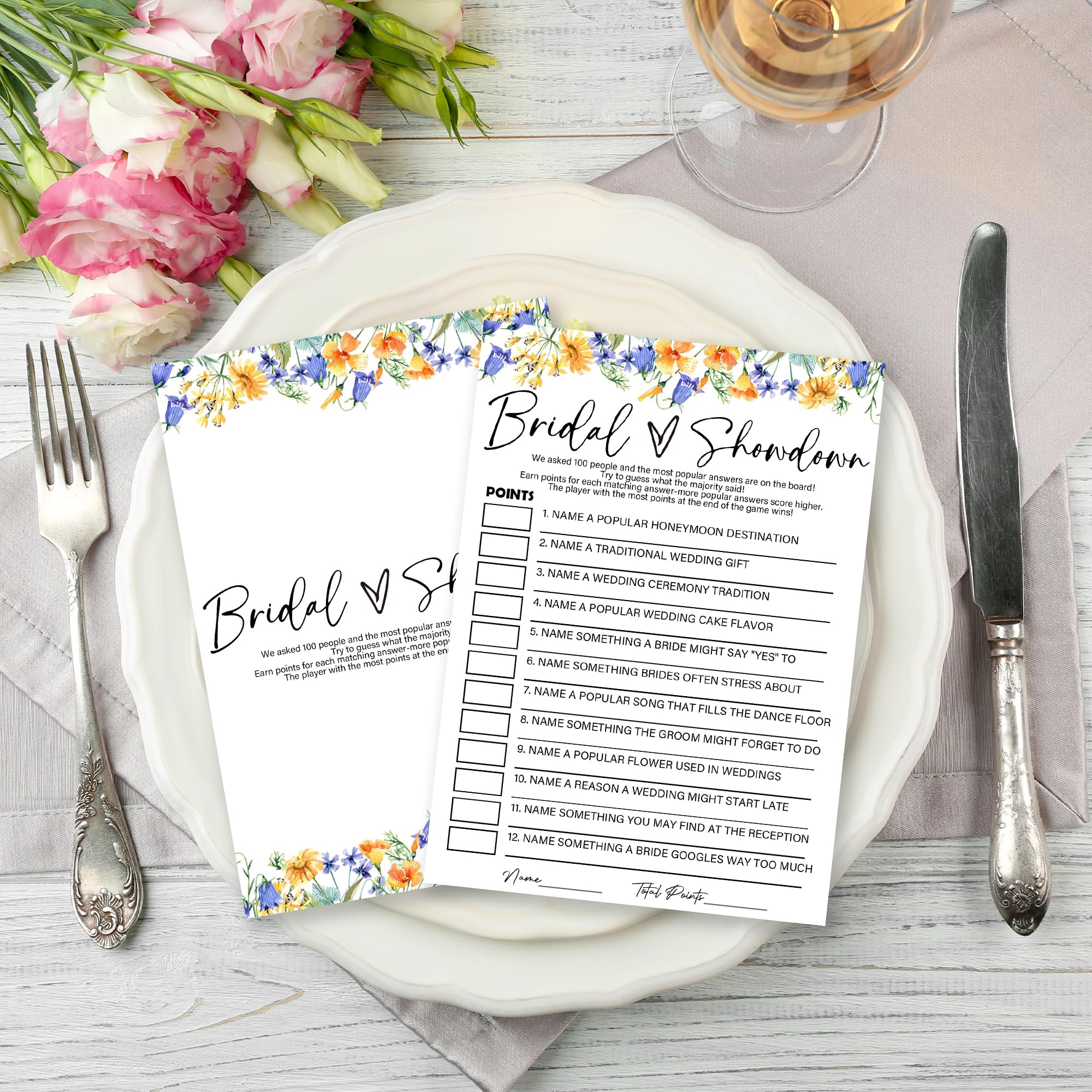 Bridal Showdown - Kwiatowe karty do gry na wieczór panieński - 50 szt. kolorowe kwiaty karty do gier - zabawne gry weselne dla panny młodej i pana młodego - zajęcia na wieczór panieński - B05