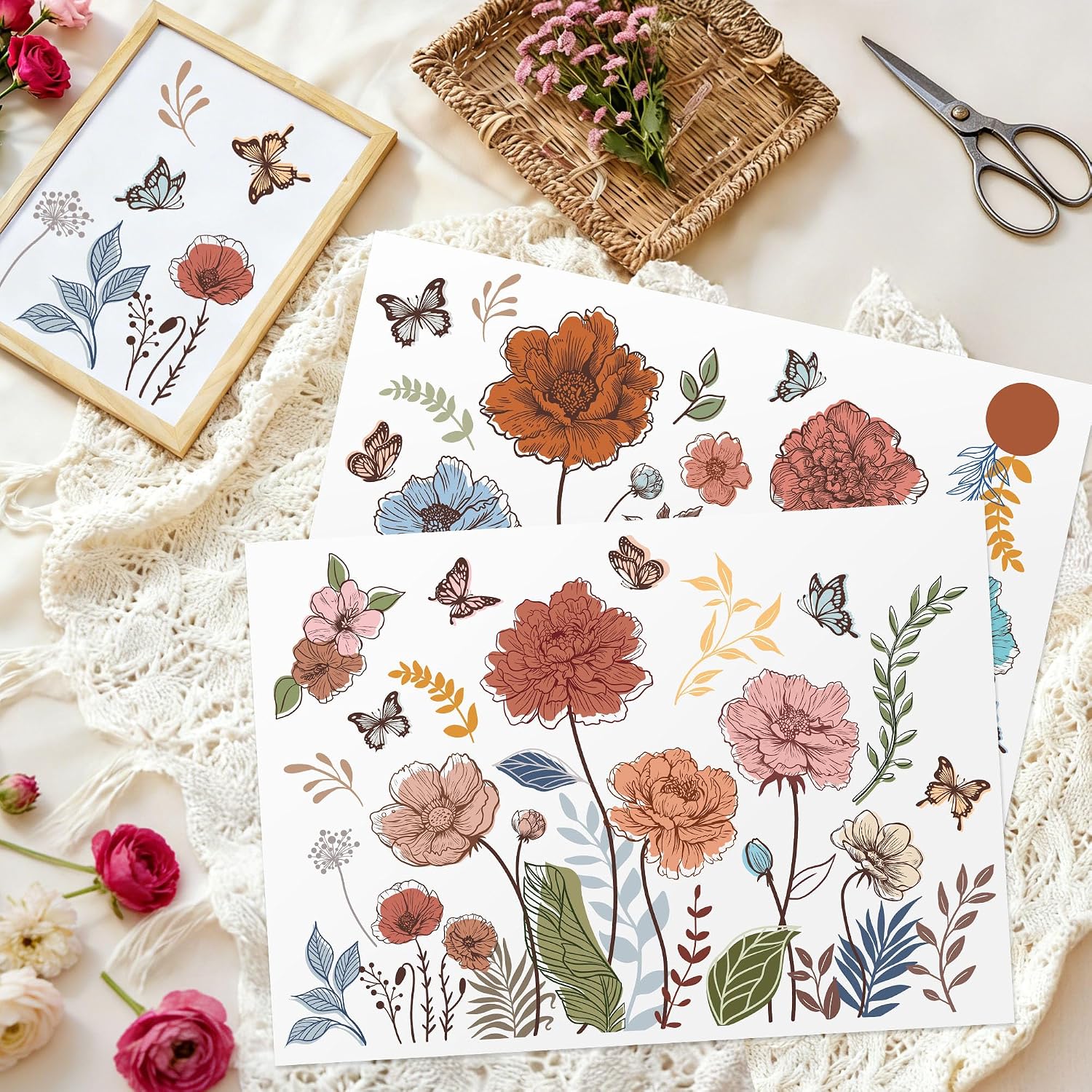 Joeyan Floral Rub on Transfers for Crafts and Furniture,Transfer Decals Stickers with Boho Wildflowers,2 Sheets Large DIY Craft for Fabric Wood Ceramic Glass Plastic,Furniture Decals for Home Office