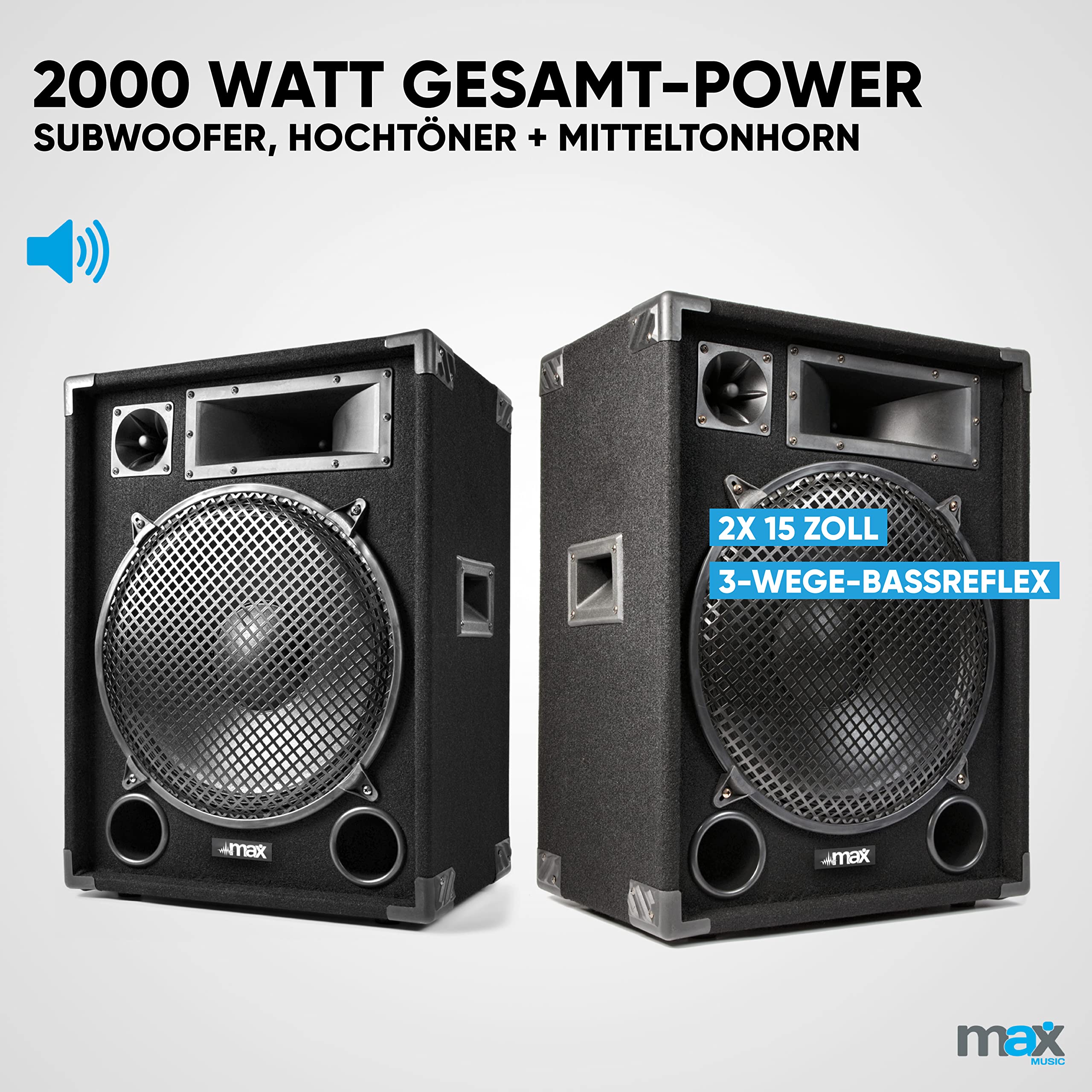 MAX MAX15 - Passiver Lautsprecher, 2er Set 1000 Watt mit je 15 Zoll Tieftöner, Partyboxen mit Griffe, Passive DJ Boxen Partylautsprecher, Disco Lautsprecherbox in Schwarz