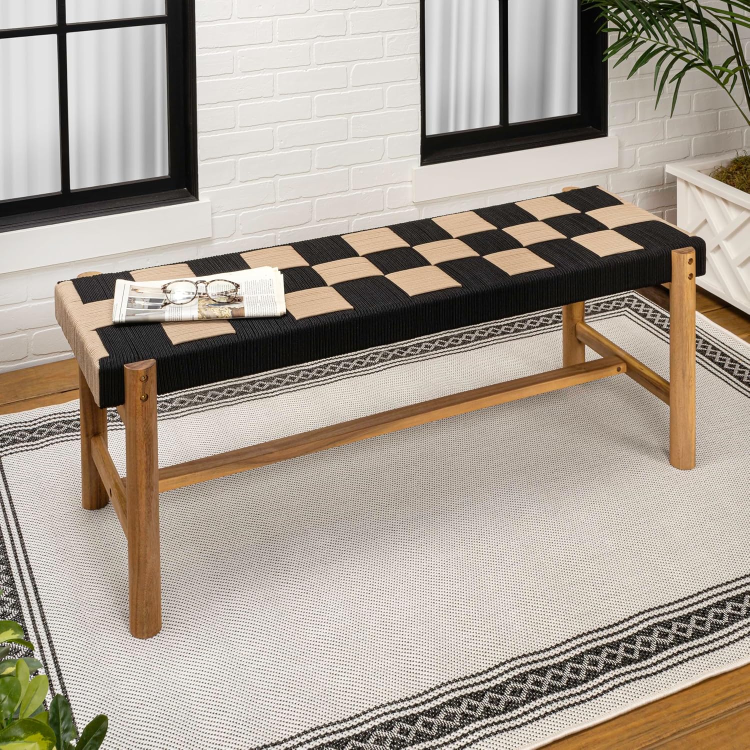 JONATHAN Y Denis 47" Black and Beige Checkerboard Acacia Wood and Woven Rope Bench, Bohemian Indoor/Outdoor Seating for Entryway or Patio, 700 lbs Capacity BNH202A