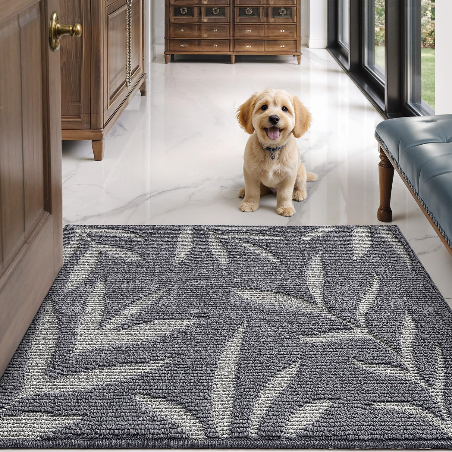 LUMI Indoor Door Mat 24x36, Washable Front Doormat with Welcome Leaf Pattern, Non-Slip Rubber Back Absorbent Mats for Entrance, Patio, Garage, Light Grey