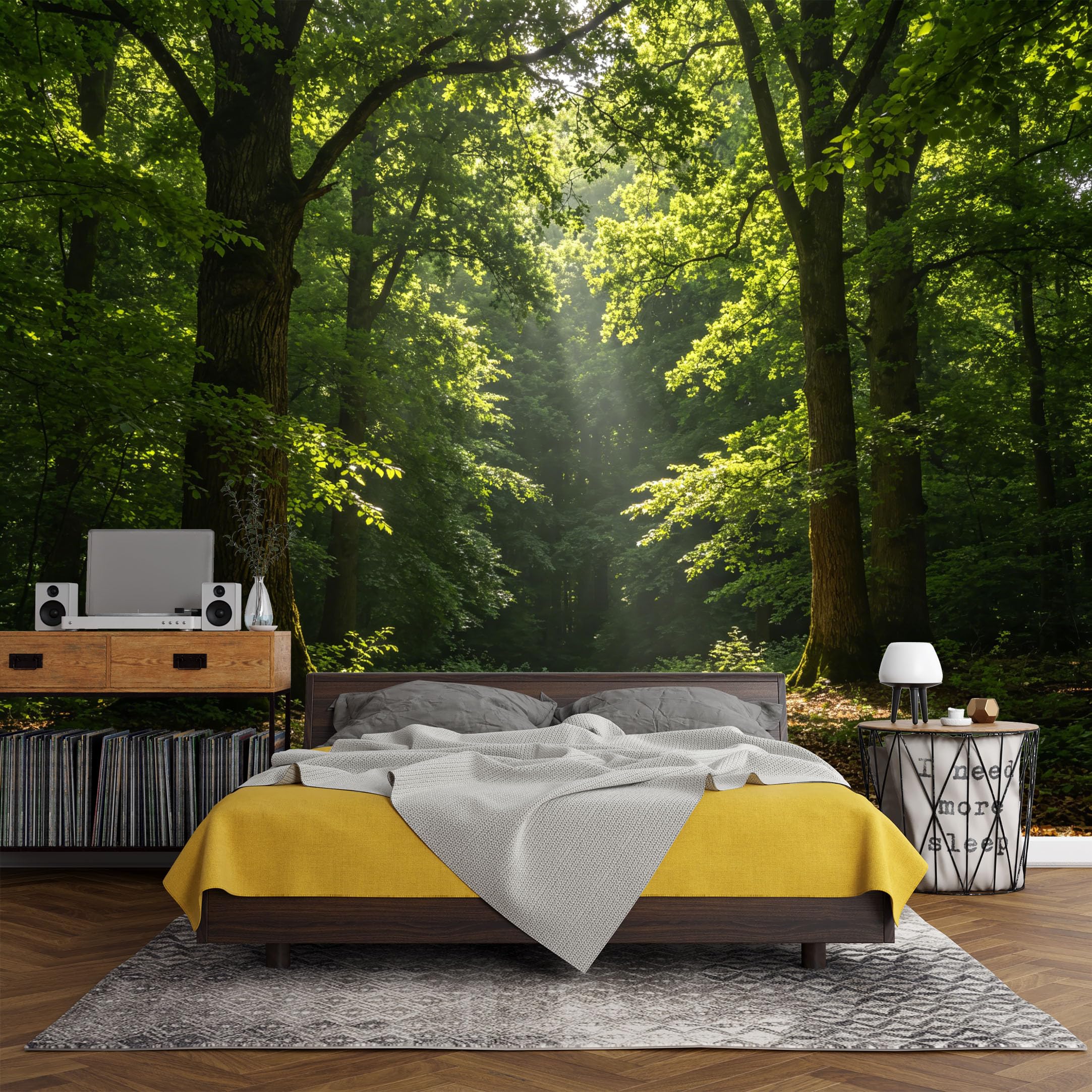 Custom Size Wall Mural， Forest Sunlight Path Woodland Landscape Nature Green Trees，SelfAdhesive Art Prints wall Fabric (No PVC) Removable Wallpaper Living Room Decor