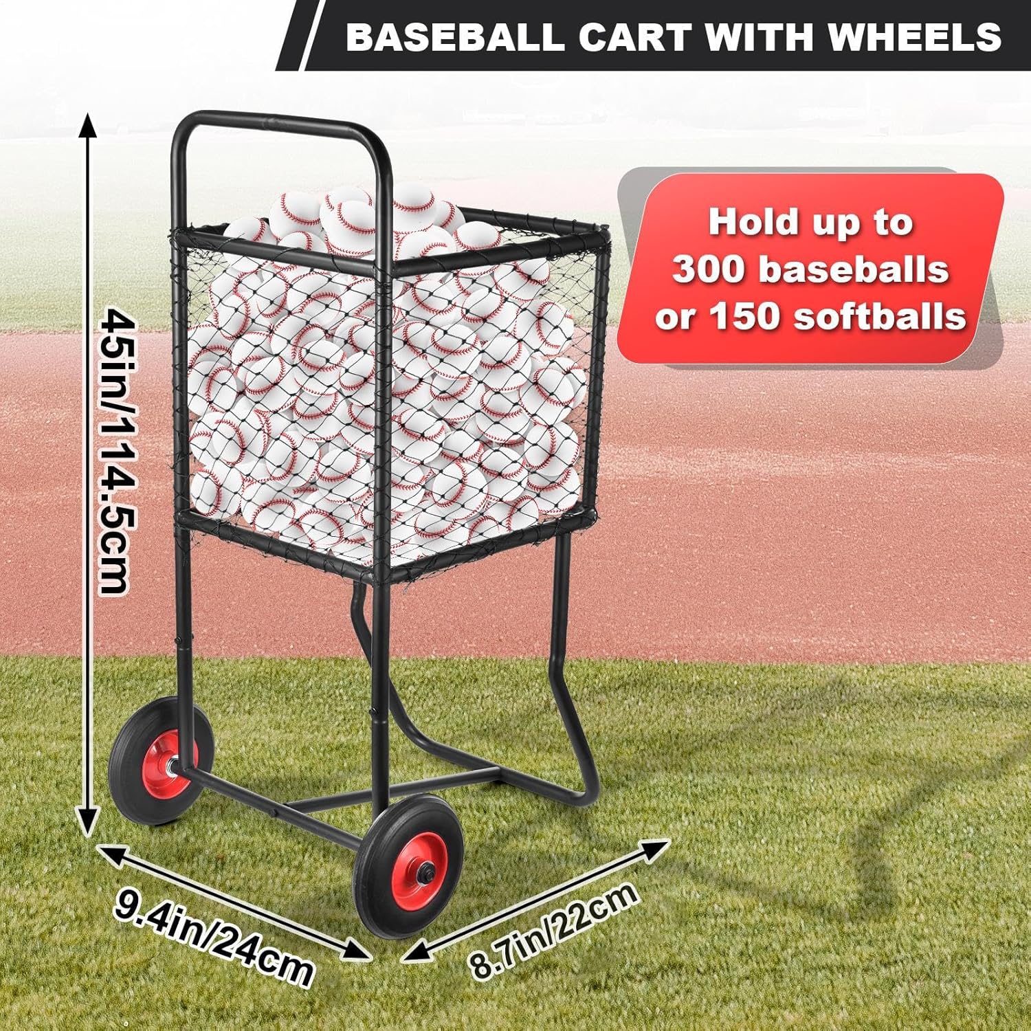 Baseball Cart with Wheels | Large Capacity Softball Caddy | Holds Up to 300 Baseballs Or 150 Softballs | Heavy Duty Powder Coated Steel Frame | 22x24x45 Inch Ball Storage Rack for Gym Field School