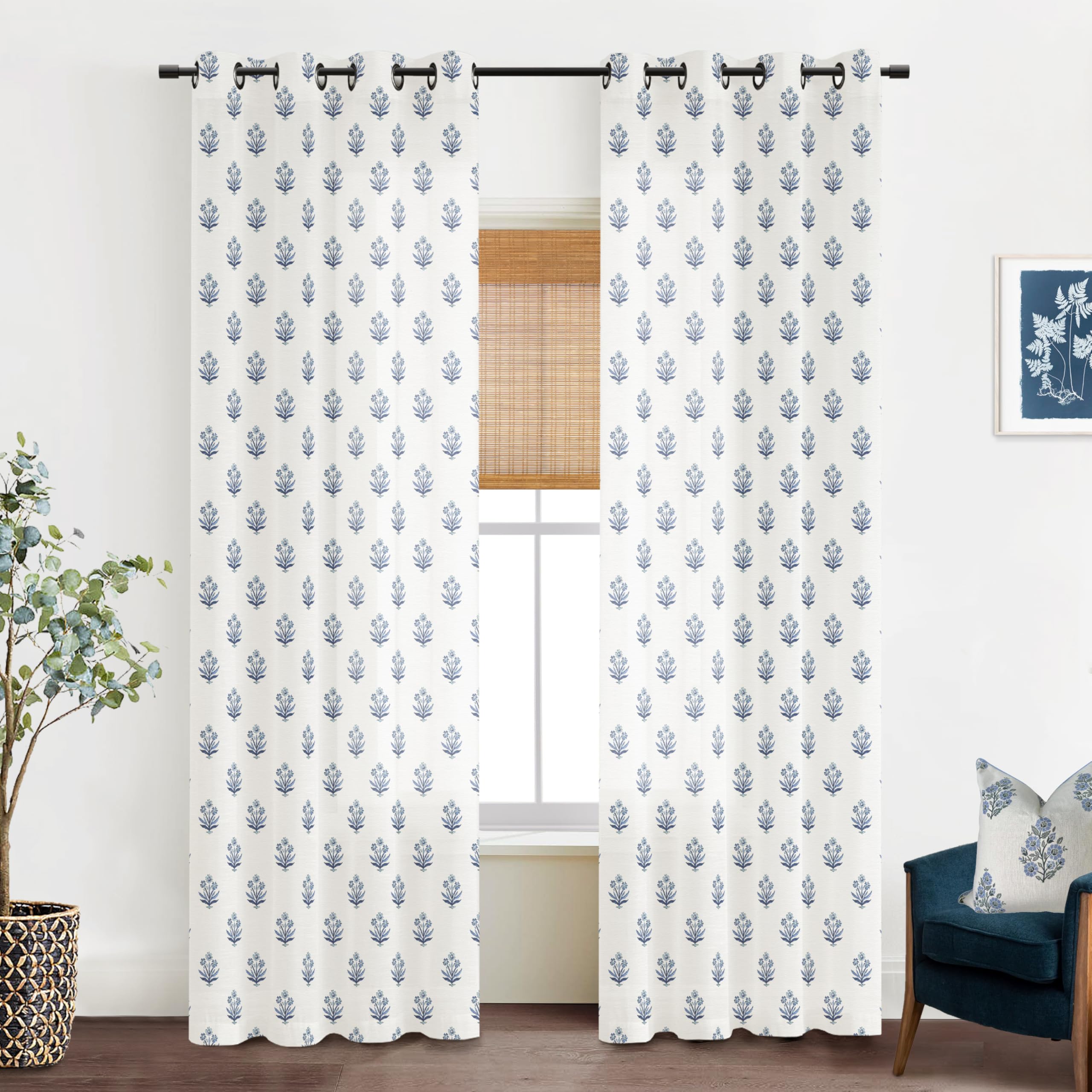 Blue and White Floral Curtains,Boho Pattern Navy Block Print Mughal Design Sheer Linen Farmhouse Nautical Curtains for Living Room Bedroom 84 Inch Length