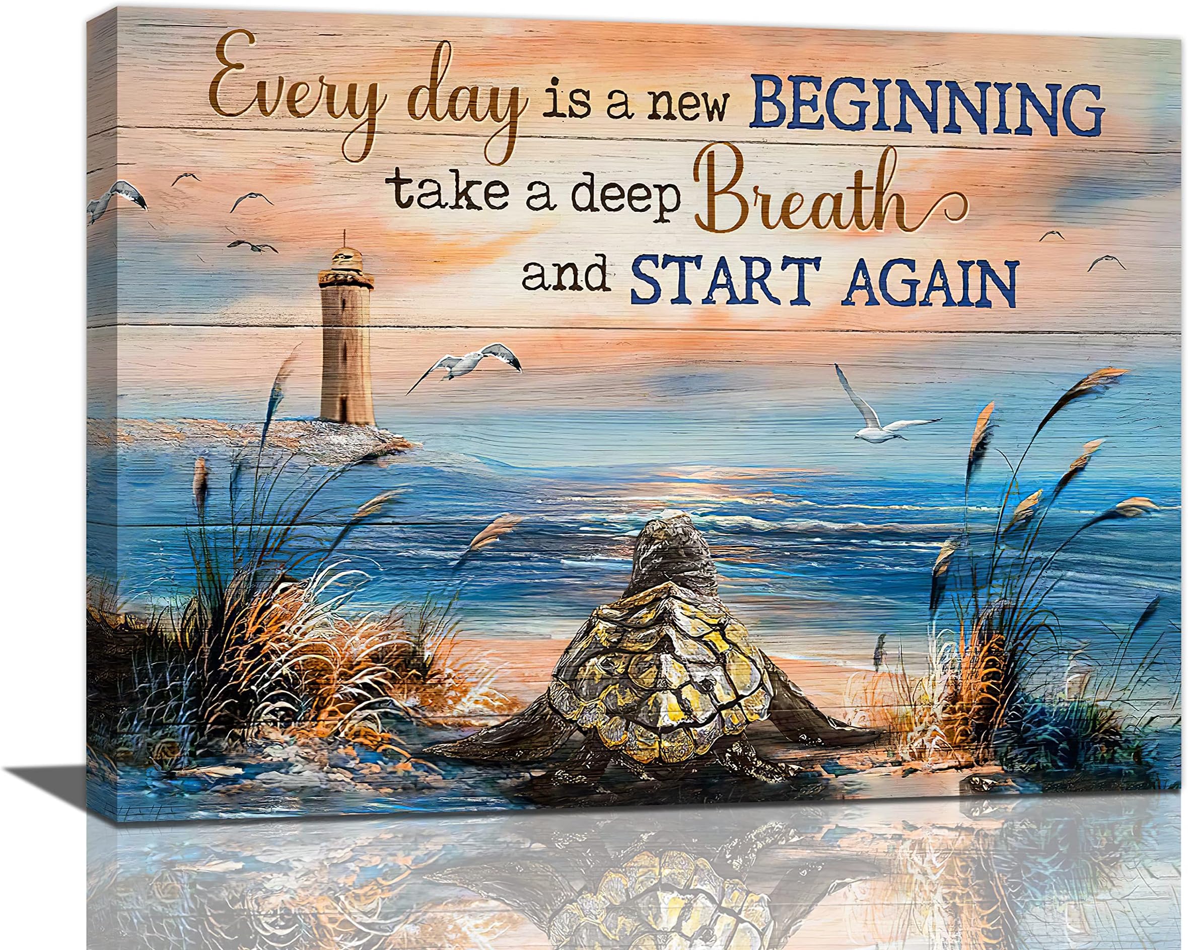 Sea Turtle Bathroom Decor Wall Art Beach Blue Ocean Lighthouse Inspirational Quotes Pictures Wall Decor Canvas Painting Prints Artwork Home Decorations Framed for Bedroom Office Kitchen 20"x16"