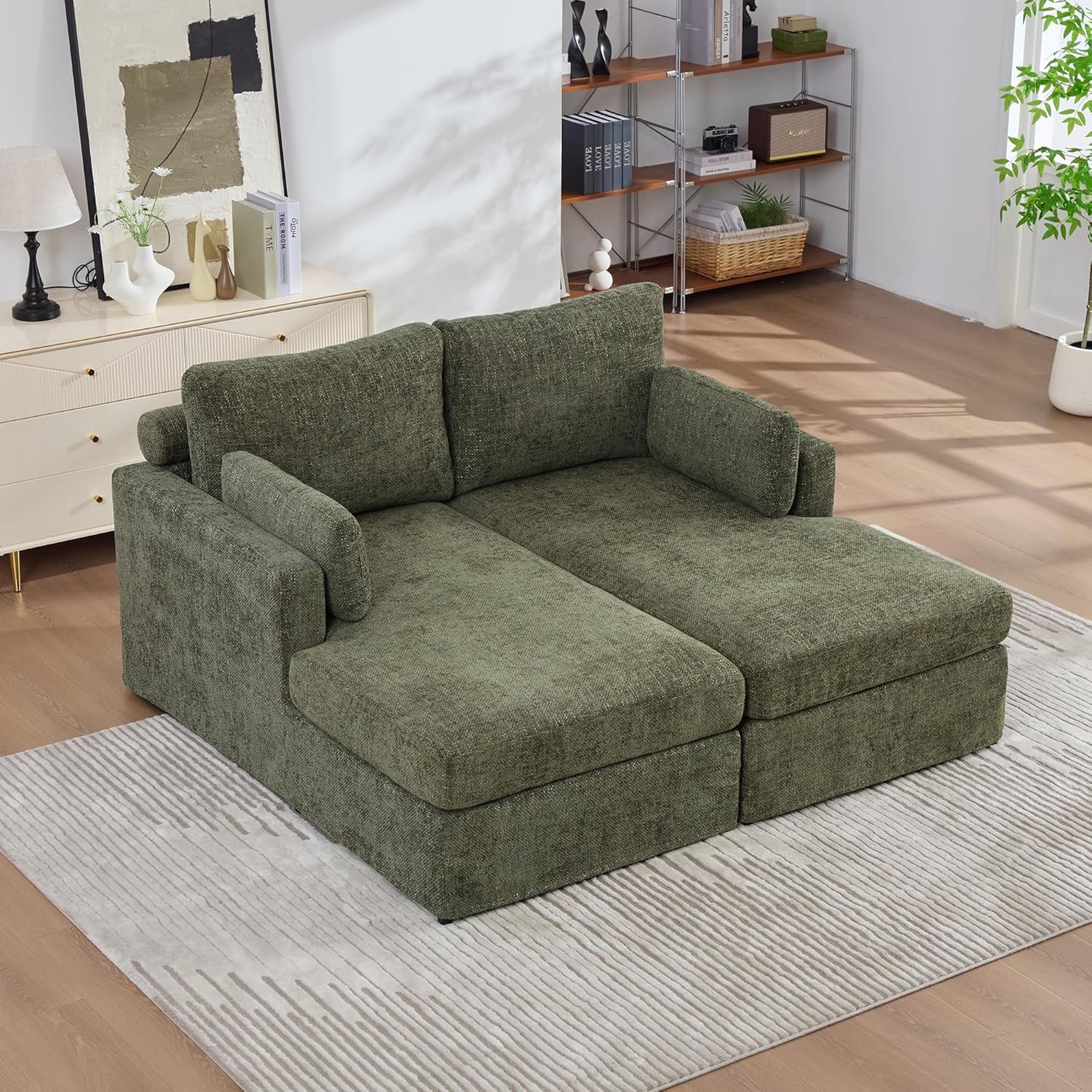 63.39" W Combination Sofa Bed with Cushions,Chaise Chair with Featuring Soft Chenille Upholstery and Sturdy Metal Legs for Living Rooms, Bedrooms, Apartments (Green+Chenille)