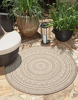 the carpet Mistra - robuster Outdoor Teppich, modern, Wetterfest & UV-beständig, für Balkon, Terrasse und Wintergarten Aber auch für die Küche geeignet, flachgewebt, Mandala, Natur, 120 x 120 cm Rund
