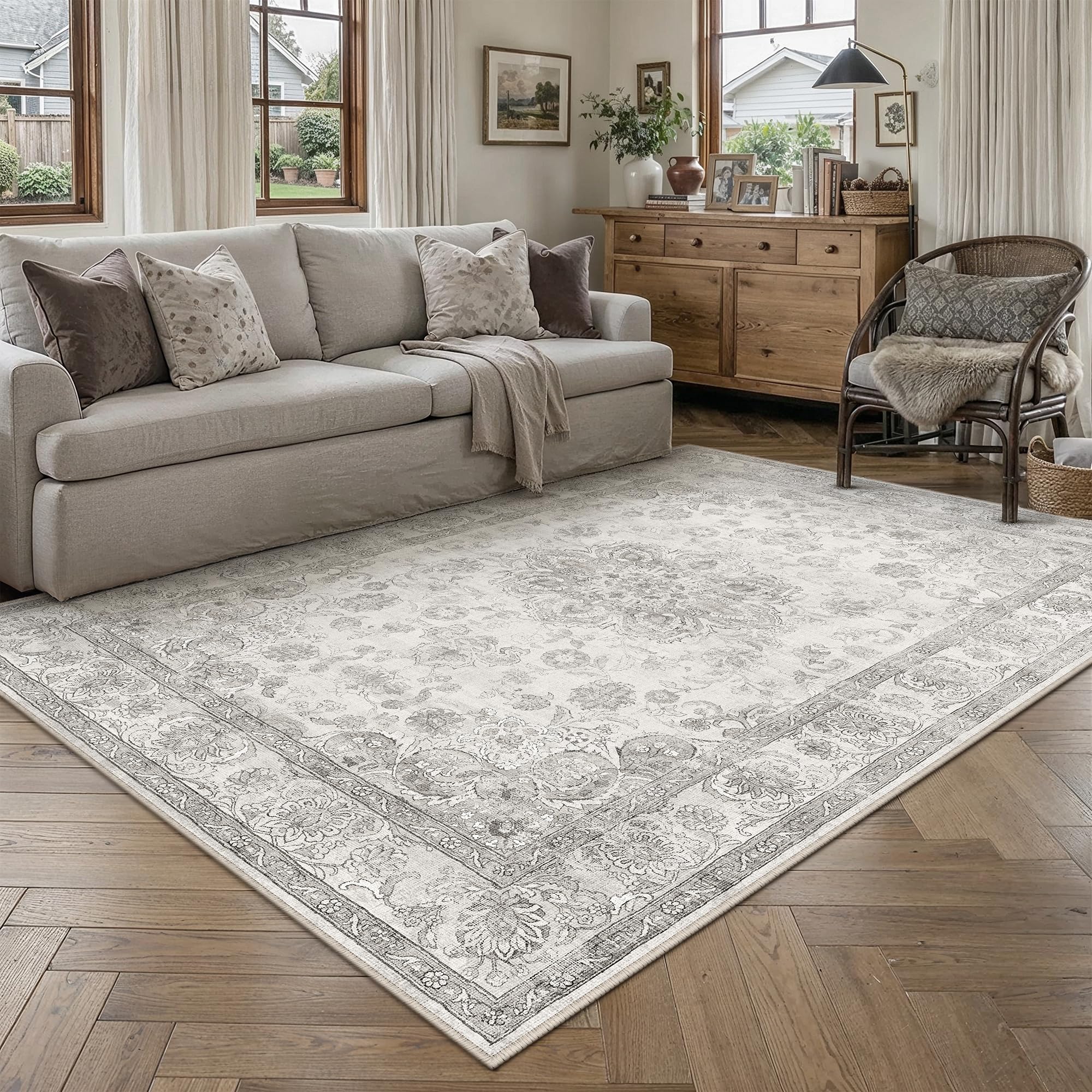 PureCozy Gray Area Rug 5x7 Washable Vintage Living Room Office Carpet Non Slip Soft Low Pile Distressed Medallion Indoor Floor Grey Retro Throw Rug for Kitchen Bedroom Dining Room — image 1