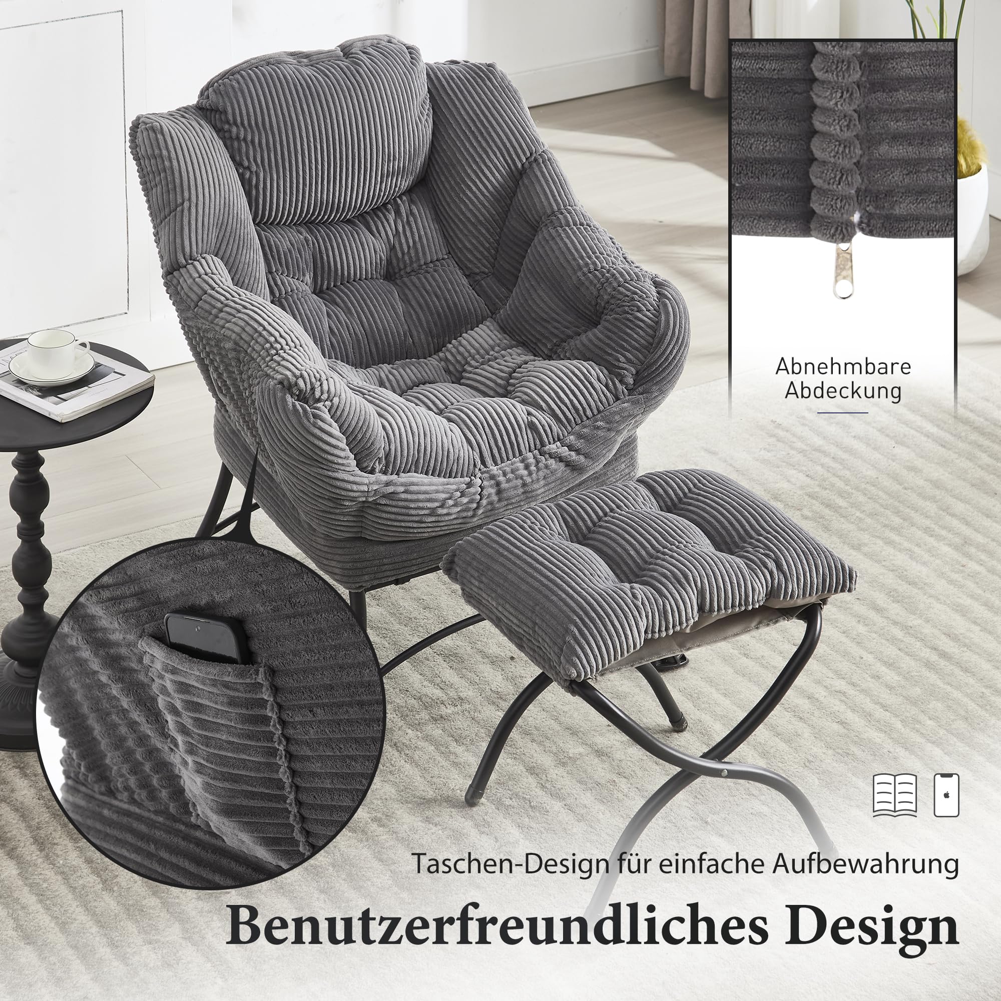 Faulenzersessel mit Ottomane, Relaxsessel mit Hocker – Schlafzimmerstuhl für Erwachsene, moderner Lounge-Akzentstuhl mit Armlehnen, ergonomische Fußstütze
