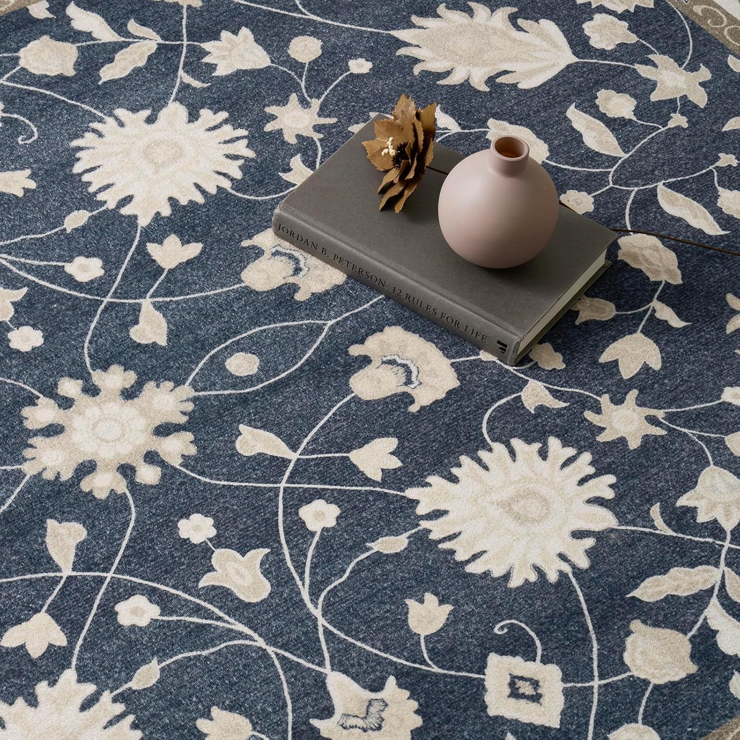 EVERGRACE Hallyway Area Runner Rugs 2x6, Boho Floral Faux Wool Indoor Outdoor Rugs, Washable Rugs for Bedroom Bathroom Living Room Kitchen, Low Pile Floor Mat Carpet for Home Decor, Navy Blue