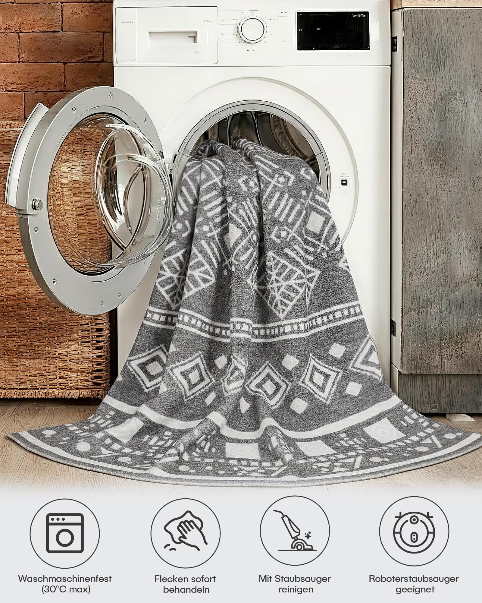 XSIVOD Kurzflor Teppich 200x280 cm Grau, Boho Waschbarer Teppich