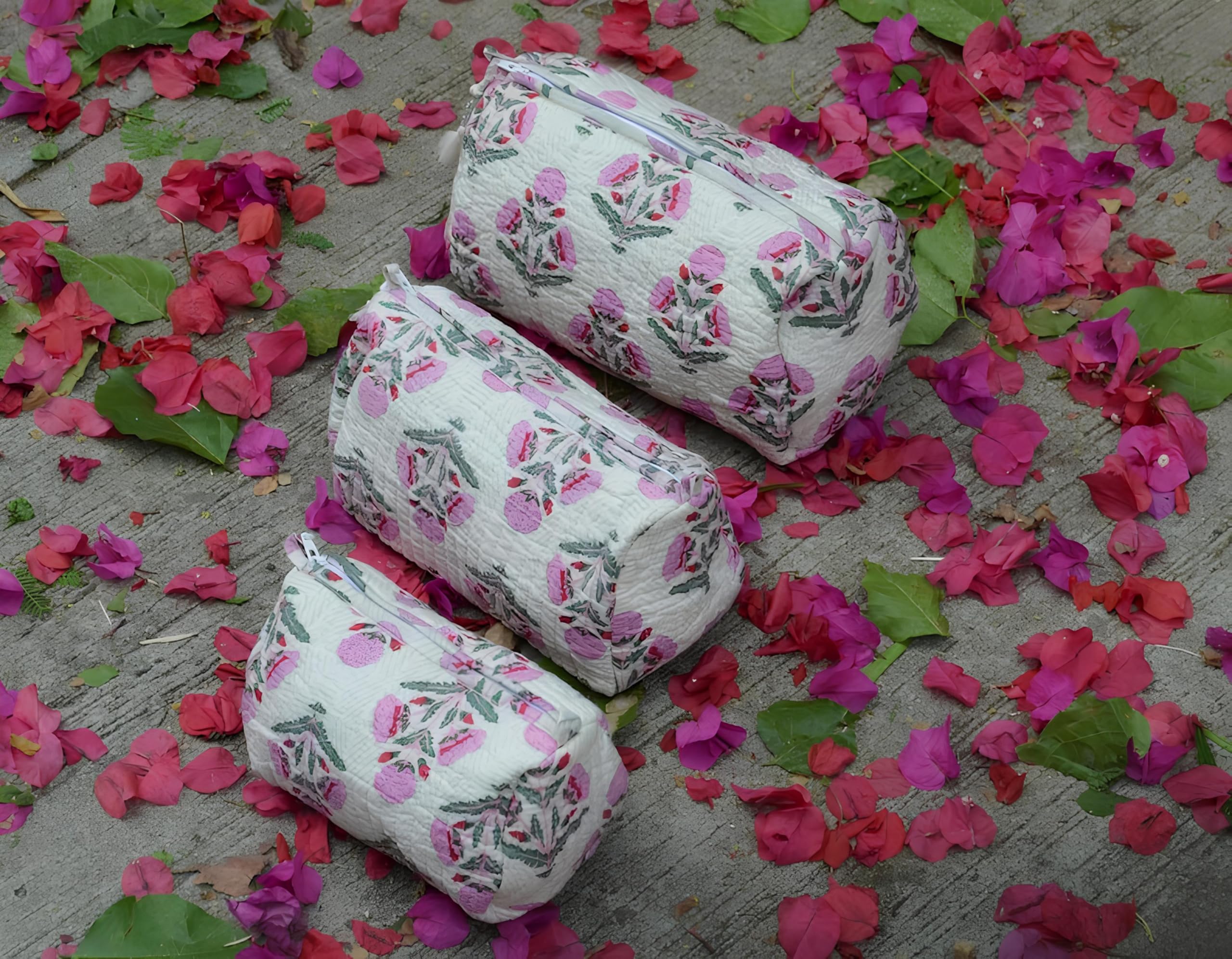 INDACORIFY Borsa per cosmetici trapuntata Borsa per cosmetici impermeabile con stampa a mano Borsa da toilette impermeabile in tessuto di cotone Set di 3 astucci per trucco