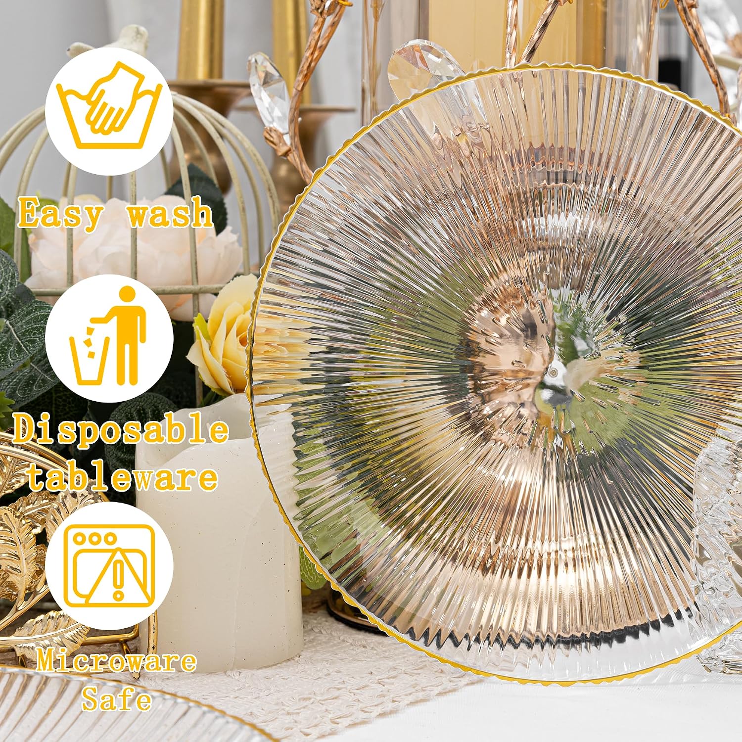 DaYammi 60Pcs Clear Plastic Plates with Gold Rimmed - Gold Disposable Plates Set Including 30pcs Dinner Plates,30pcs Dessert Plates with Radial Texture for Party & Wedding Dinner image 2