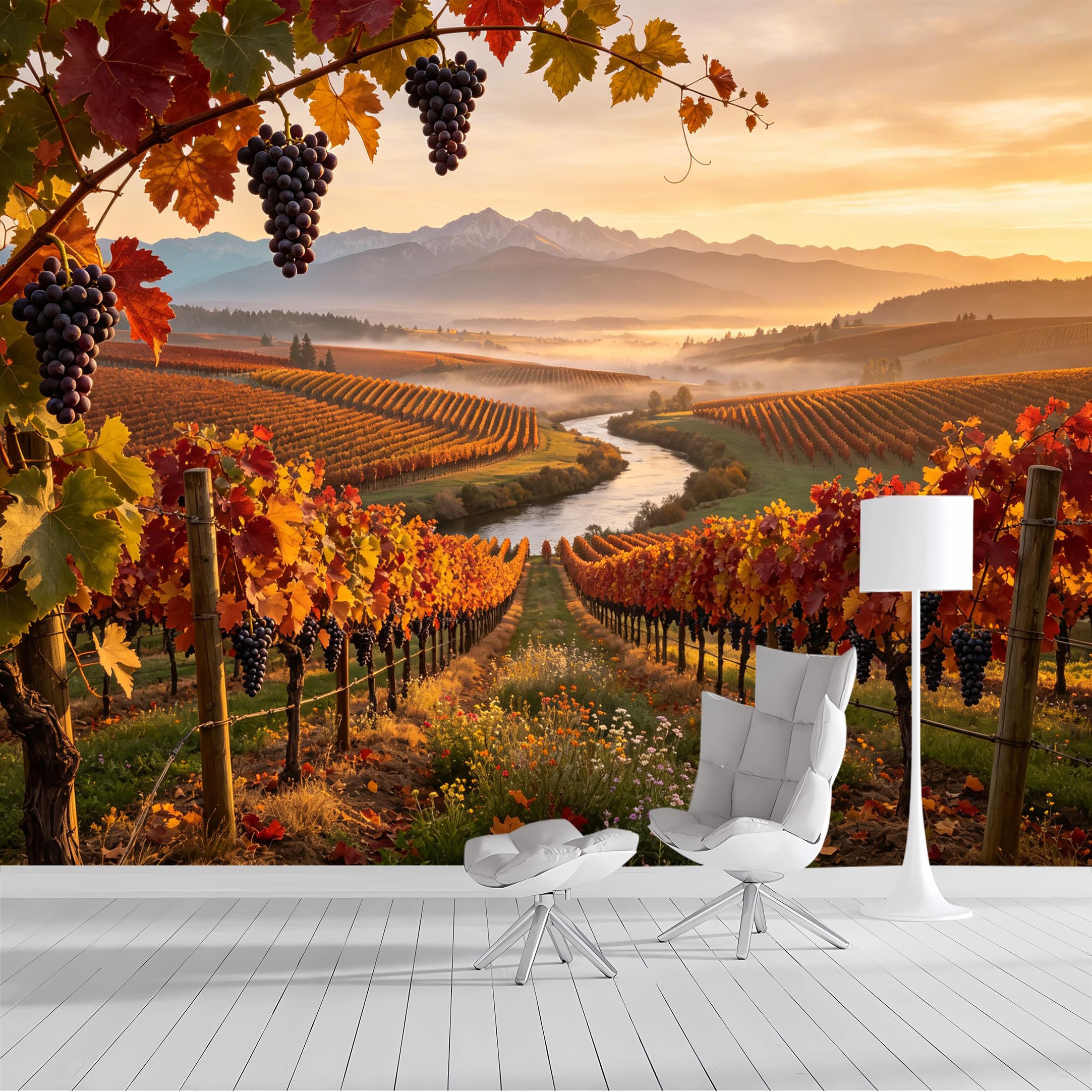 Custom Size Wall Mural Vineyard Landscape Autumn Harvest Grapes Vineyard Panorama SelfAdhesive Wall Fabric Removable Peel and Stick Wallpaper Wall Decor for Living Room Bedroom Bathroom