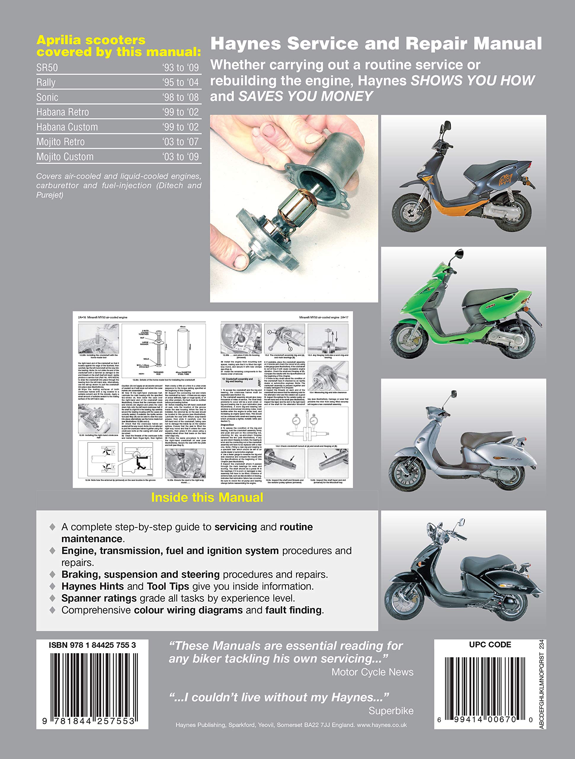 Aprilia Sr50, Rally, Sonic, Habana & Mojito Scooters, '93-'09 (Haynes Powersport)