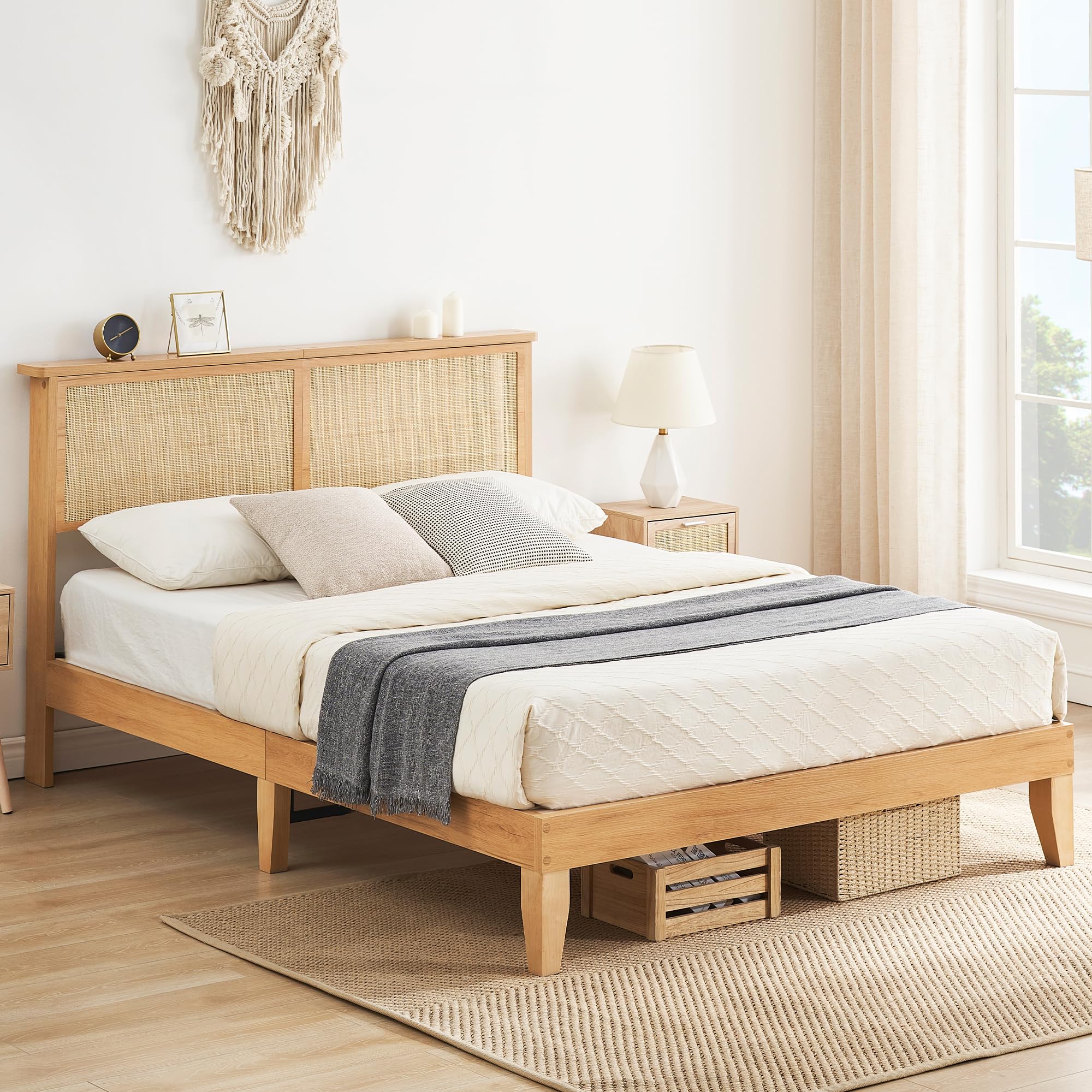 Arched Rattan Wooden Bed Frame With Headboard And Footboard Modern