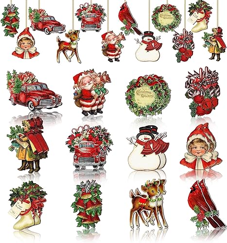 24 piezas de adornos navideños de madera, decoraciones vintage de Navidad para árbol, Navidad, Papá Noel, muñeco de nieve, campana, alce, recortes