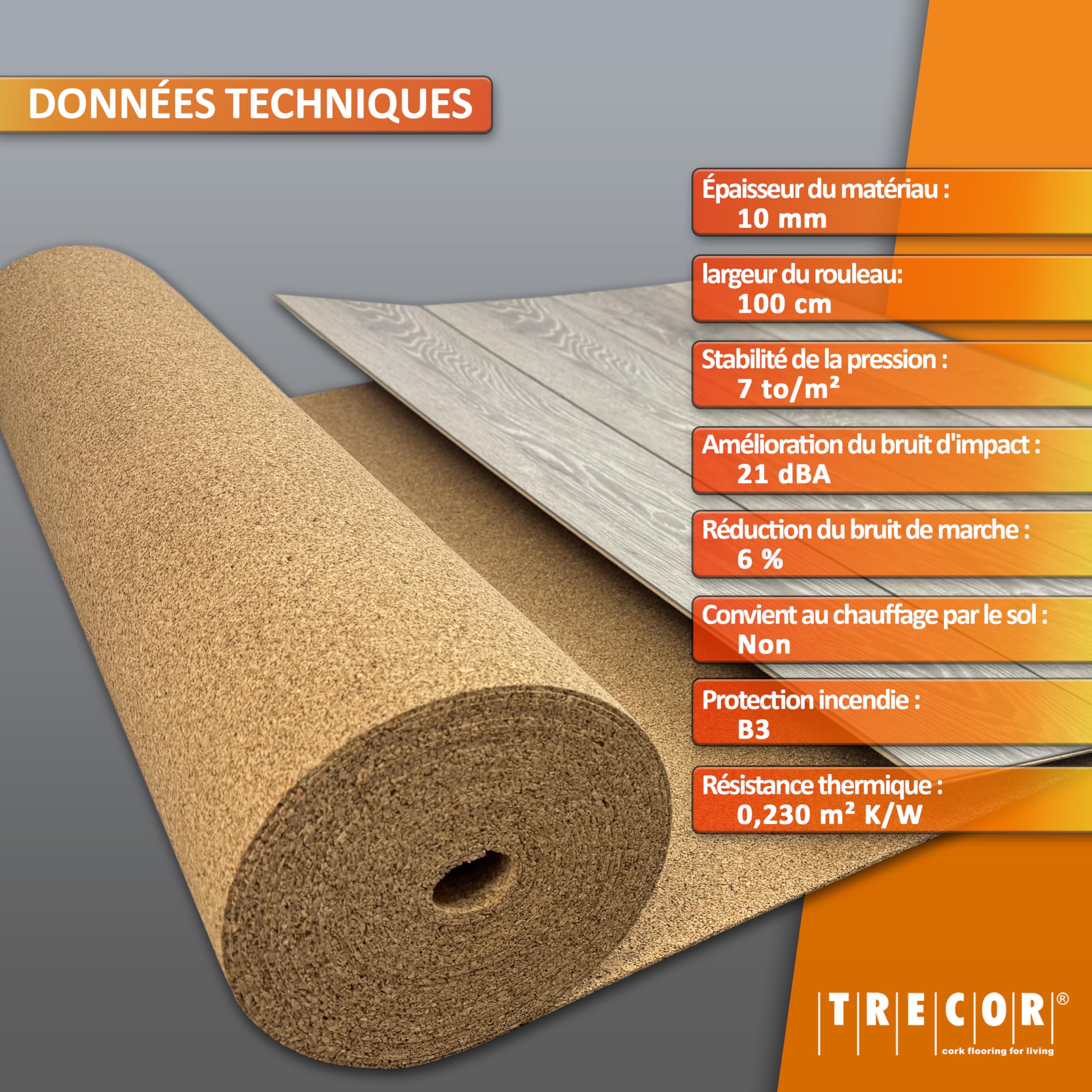 10 m² | Isolation phonique TRECOR Rouleau en liège – Épaisseur 10 mm – Isolation acoustique naturelle et écologique pour sols stratifiés et parquets – 10 m²
