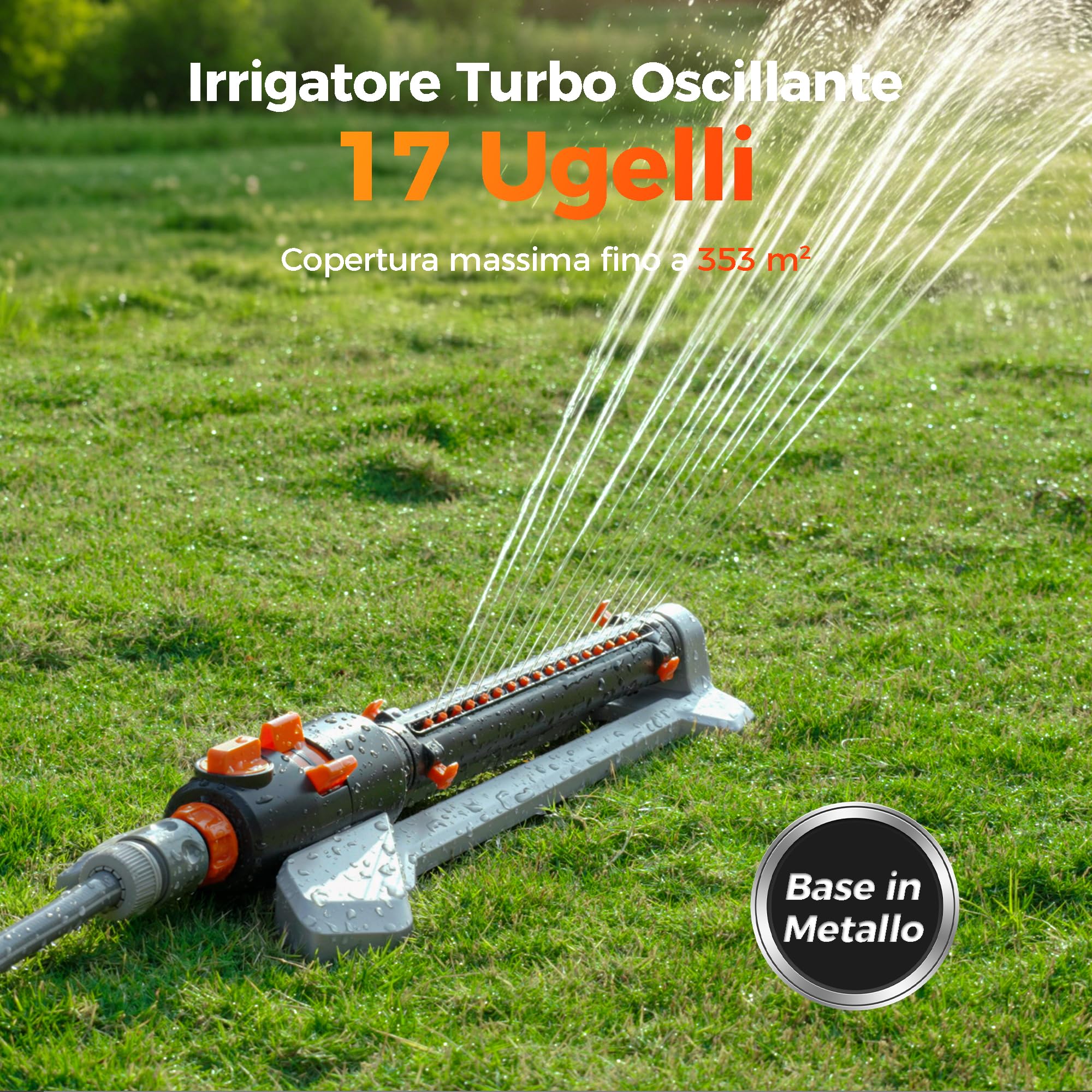 Diivoo Irrigatore Oscillante Turbo per Prato e Giardino, Base Metallica | Irrigatore Rettangolare 17 Ugelli, Regolazione Continua, Filtro Metallico, Copertura 352 m² per Esterni & Grandi Superfici