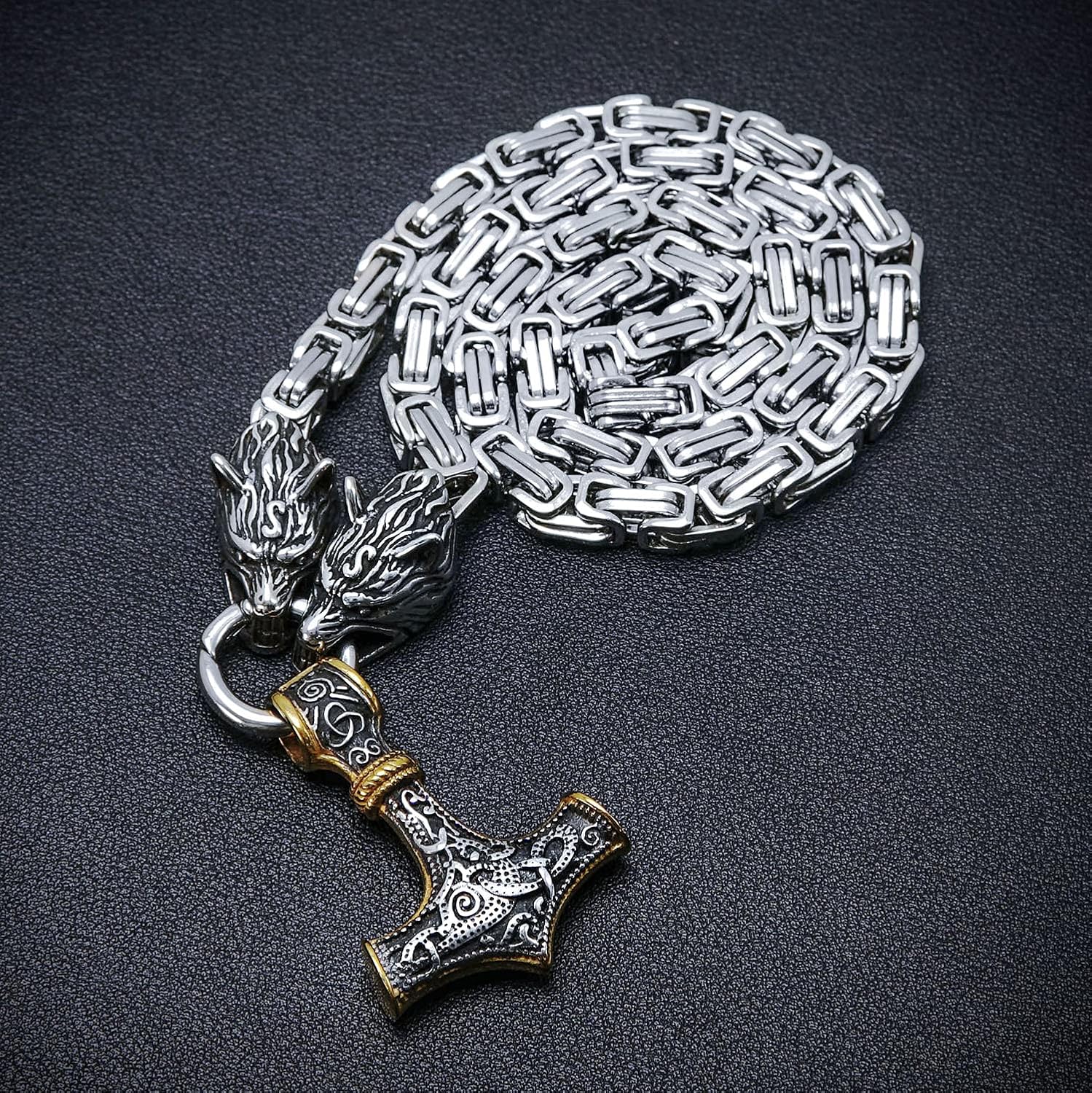 BAVIPOWER Two Tone Thor's Hammer Necklace 18K Gold Plated Stainless Steel Pendant Wolf Head Chain Norse Scandinavian Viking Jewelry Men Women