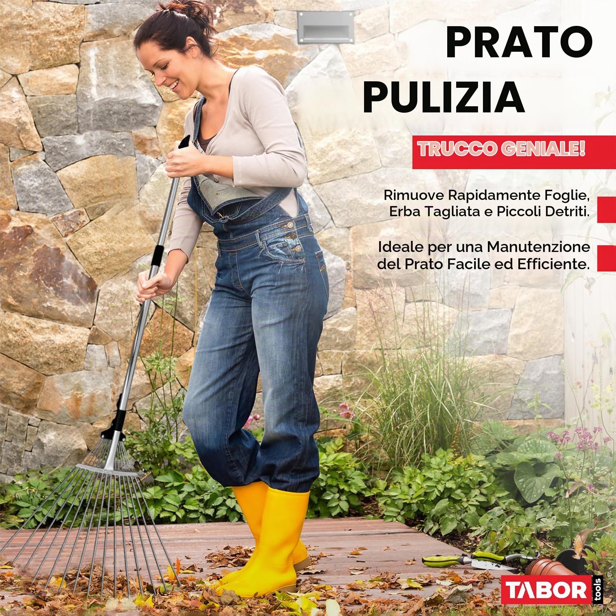 TABOR TOOLS J16E - Rastrello telescopico in metallo, lunghezza 160 cm, rastrello pieghevole regolabile per pulire rapidamente prato e cortile, rastrello per foglie da giardino, manico espandibile con