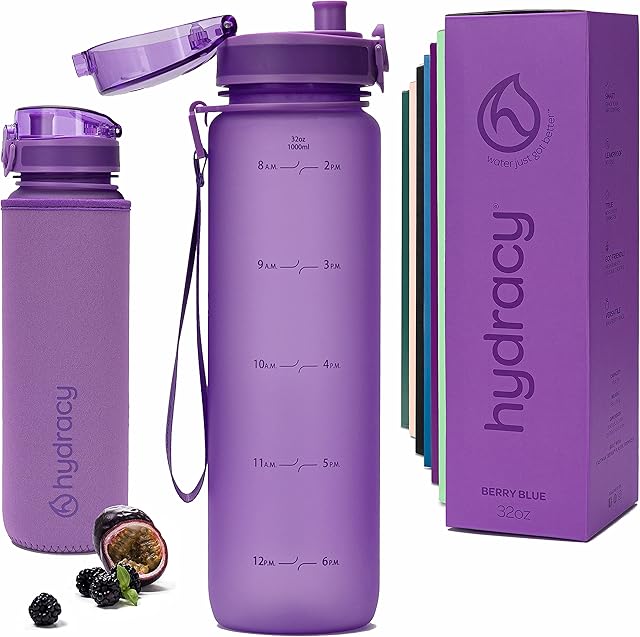 Hydracy Water Bottle with Time Marker -Large 1 Litre BPA Free Water Bottle & No Sweat Sleeve -Leak Proof Gym Bottle with Fruit Infuser Strainer & Times to Drink -Ideal for Fitness Sport & Outdoor