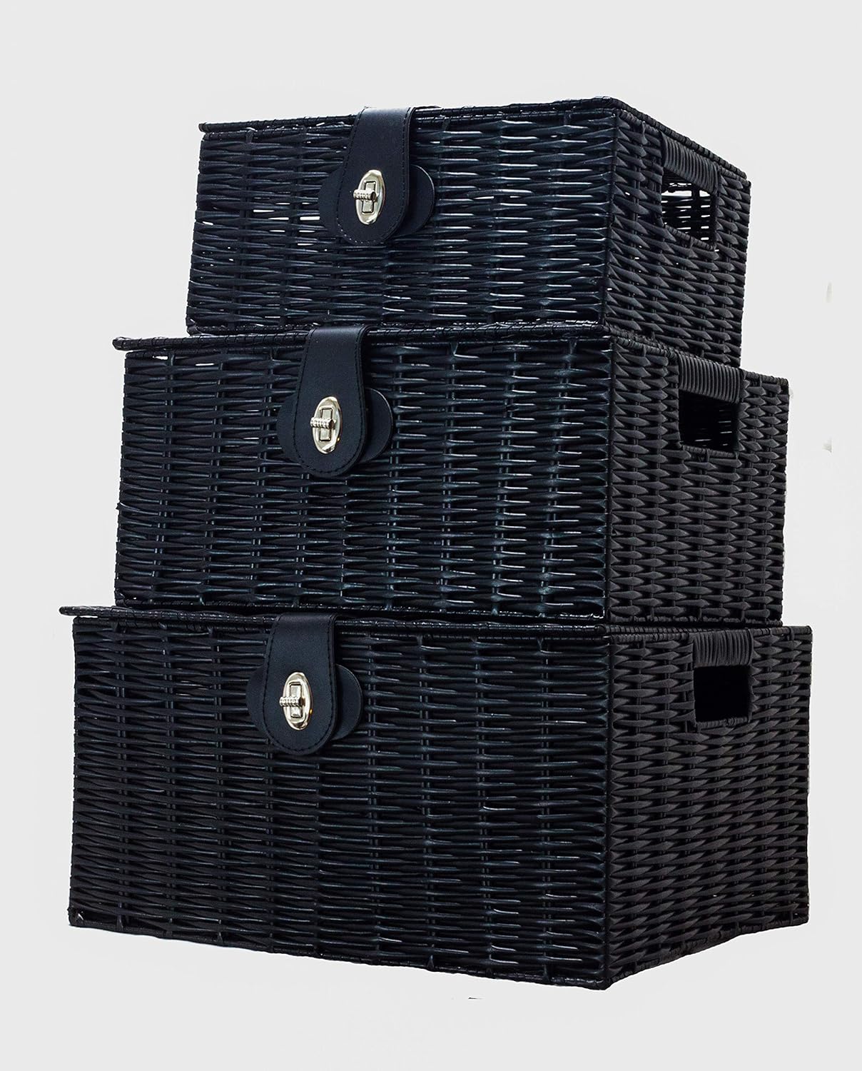 Vencier Set of 3 Resin Woven Storage Basket Box with Lid & Lock, Black