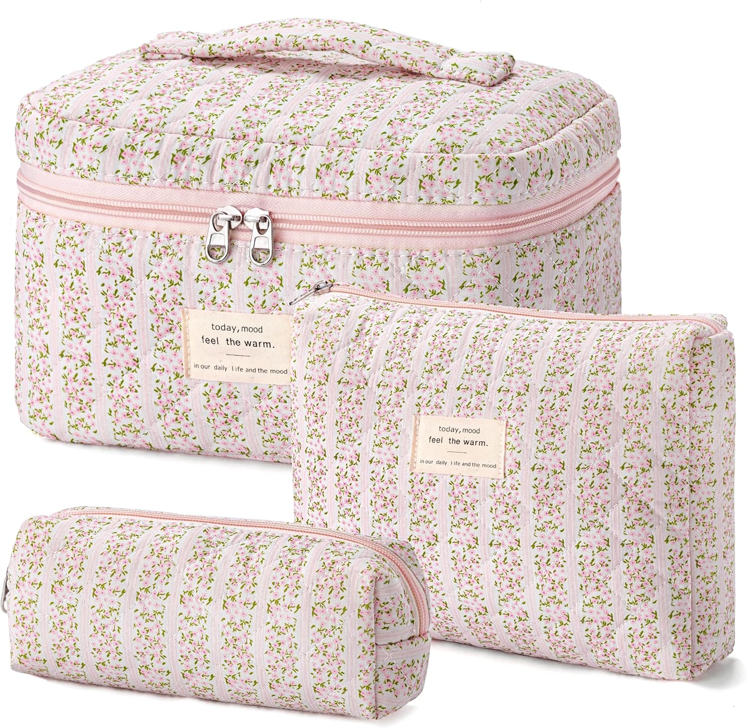 HBselect Quilted Makeup Bag, 3PCS Cotton Large Travel Makeup Bag, Cute Floral Coquette Make up Bag Cosmetic Bag Toiletry Bag for Women Girls