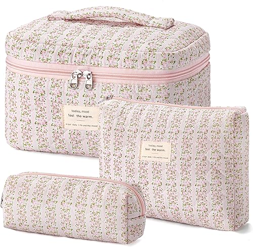 Miniatura 25 de HBselect Bolsa de Maquillaje Acolchada, 3 Piezas de Gran Bolsa de Maquillaje de Viaje de Algodón, Linda Bolsa de Maquillaje Floral Coquette, Bolsa