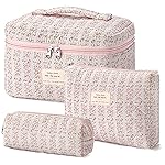 HBselect Quilted Makeup Bag, 3PCS Cotton Large Travel Makeup Bag, Cute Floral Coquette Make up Bag Cosmetic Bag Toiletry Bag for Women Girls