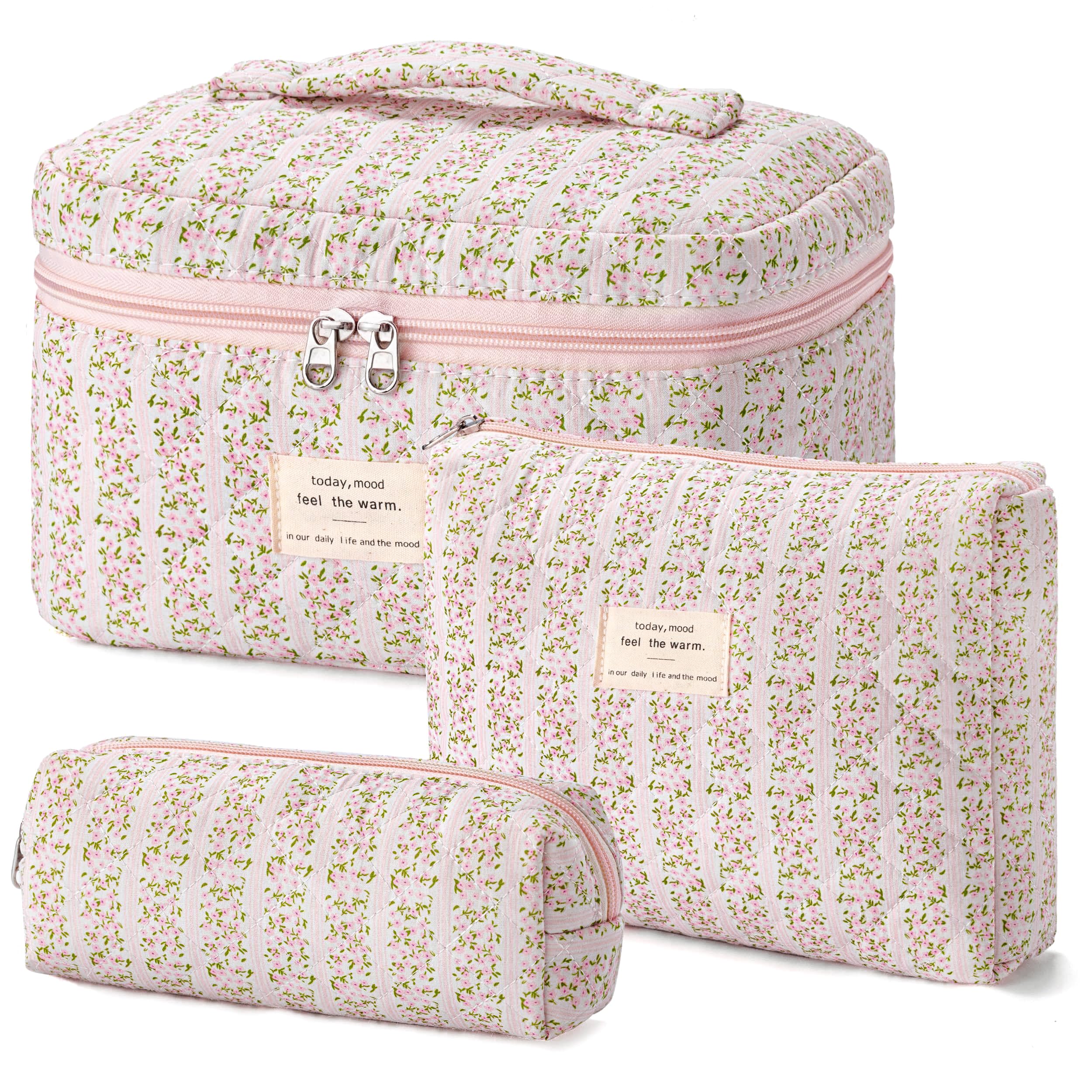HBselect Quilted Cotton Makeup Bag Set, 3-Piece Cosmetic Organizer