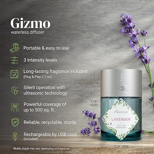Miniatura 2 de Gizmo - Difusor de aromaterapia con aceites esenciales incluidos, botella de aceite de fragancia Plug & Play, portátil, recargable, 3 niveles de